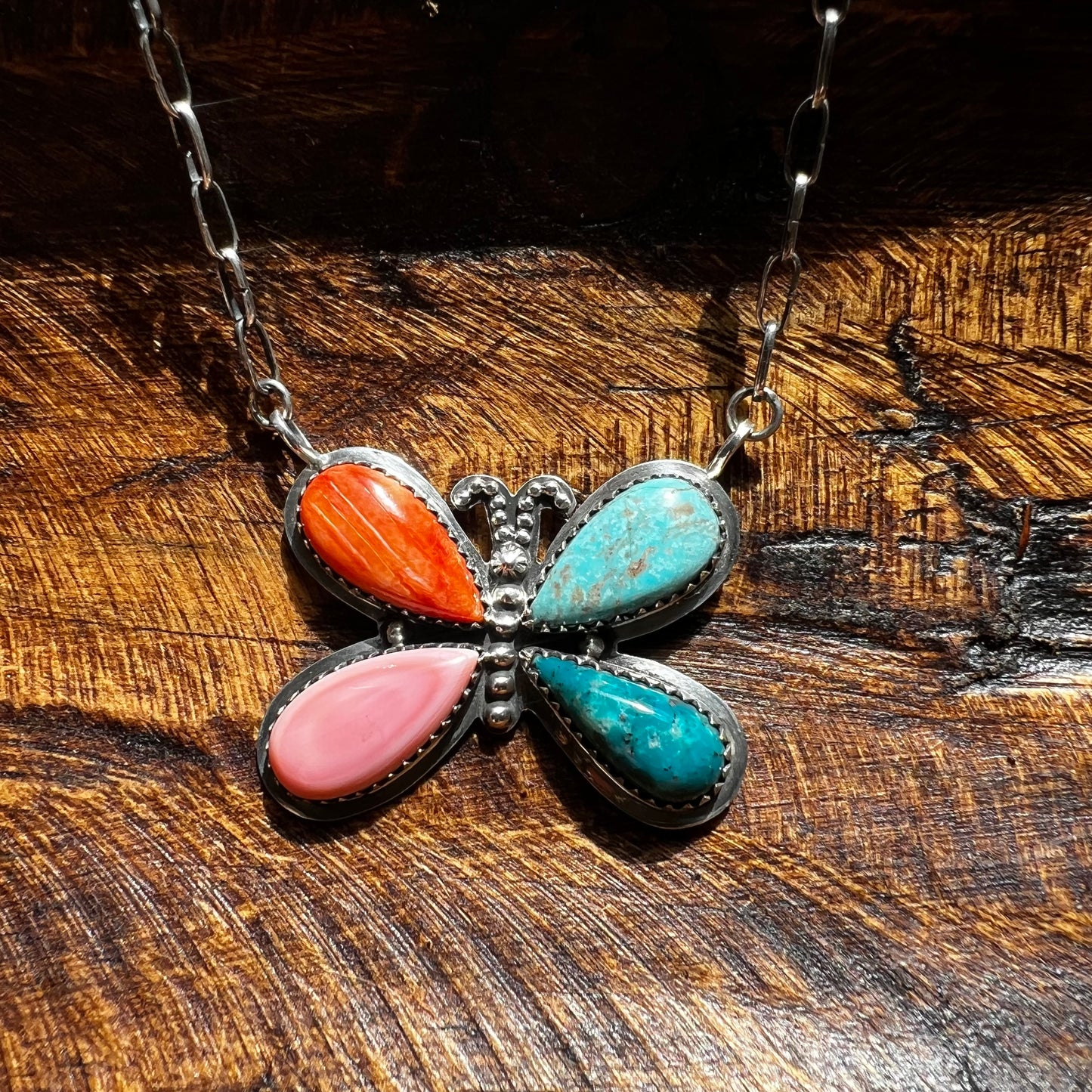 Multistone Butterfly Necklace – Kingman Turquoise, Spiny Oyster & Pink Conch Sterling Silver