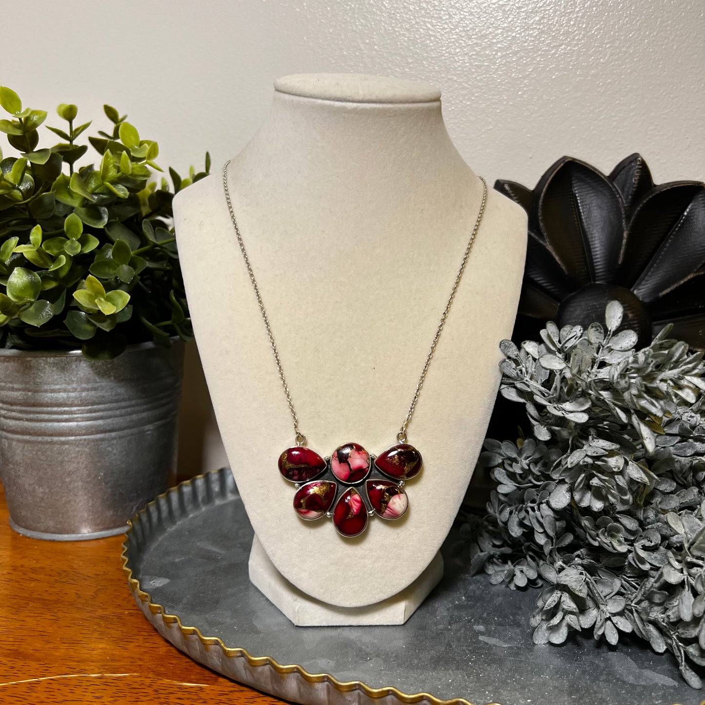 Sterling Silver Red Dahlia Statement Cluster Pendant Necklace