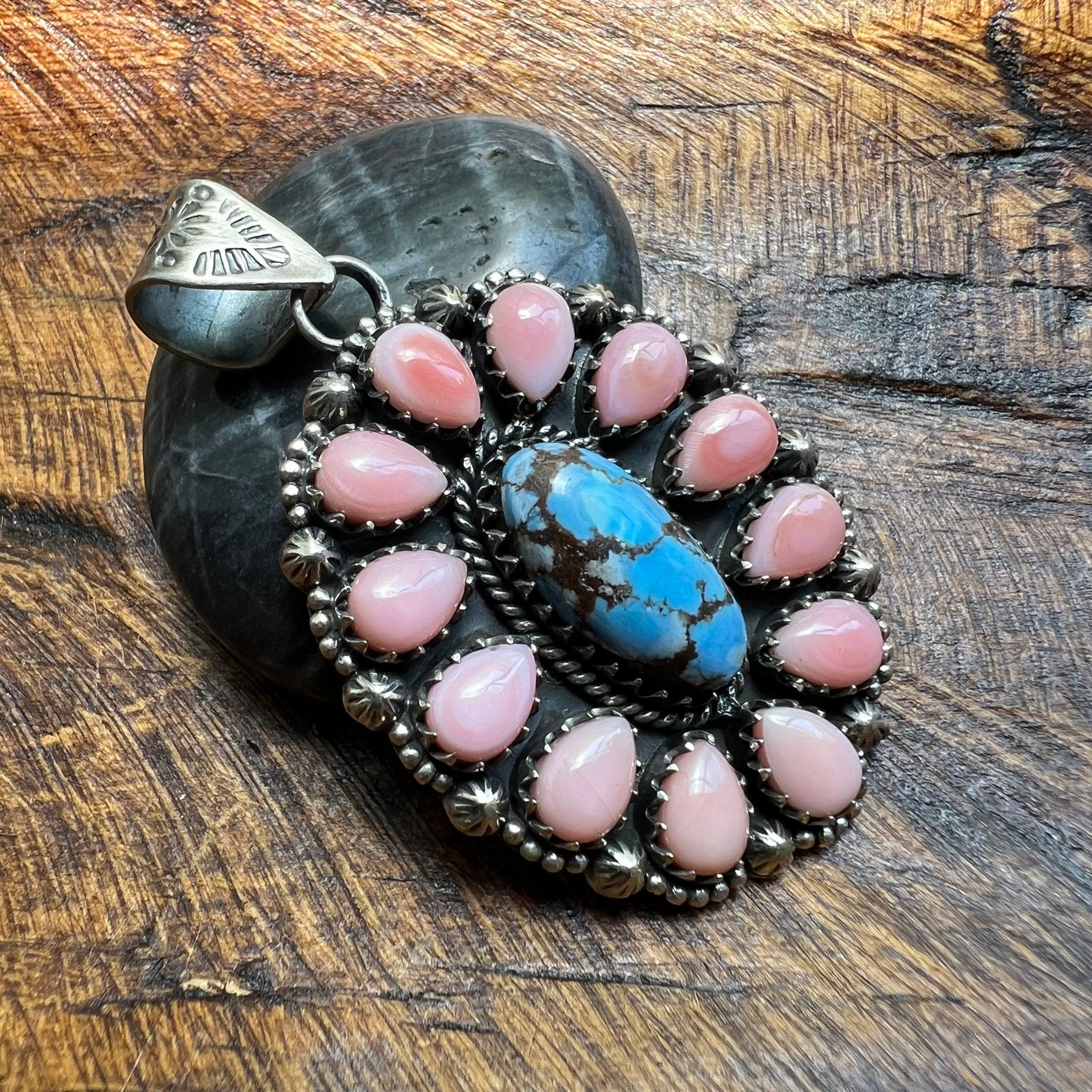 Golden Hills Turquoise & Queen Conch Statement Cluster Sterling Silver Pendant
