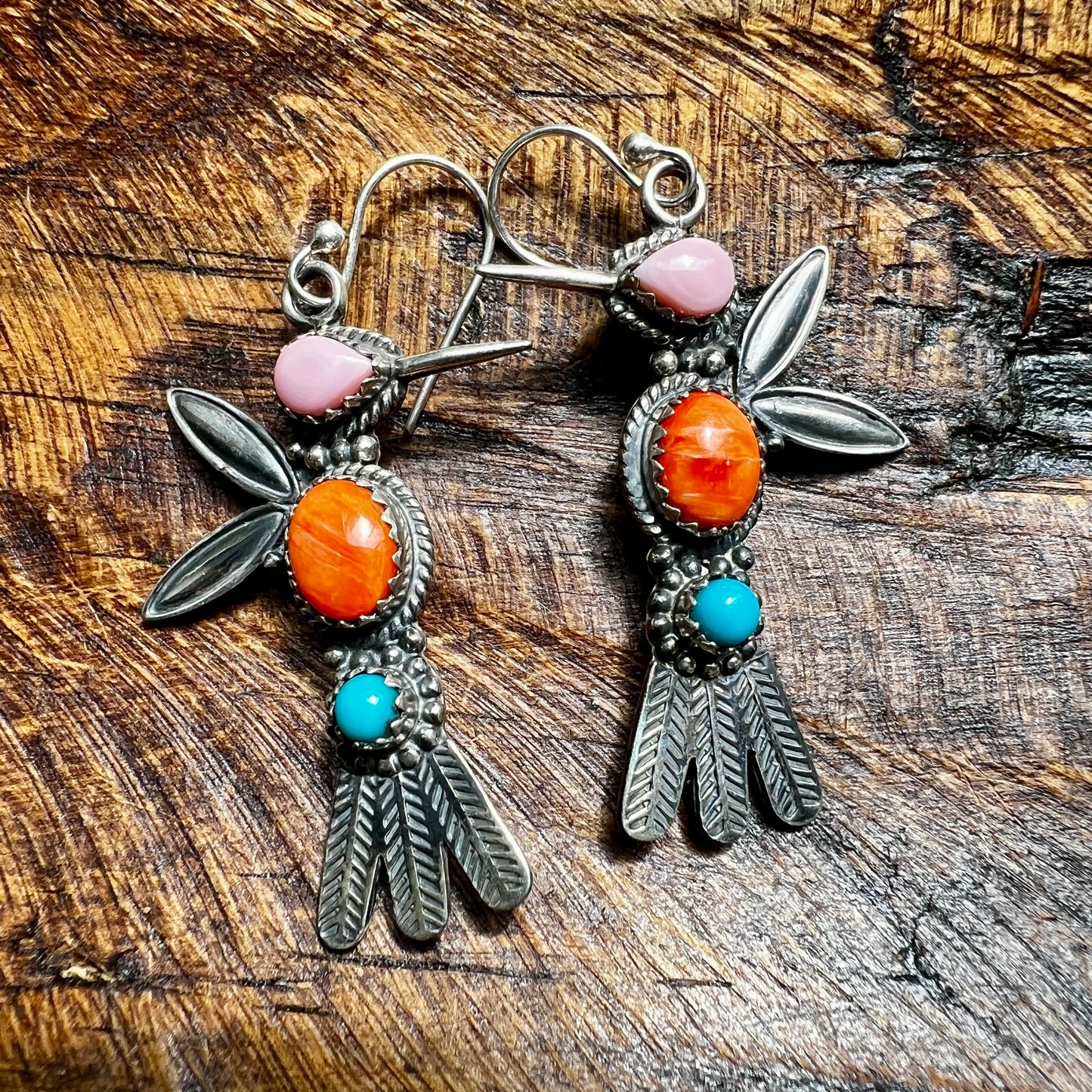 Multi-Stone Hummingbird Earrings – Pink Conch, Spiny Oyster & Turquoise