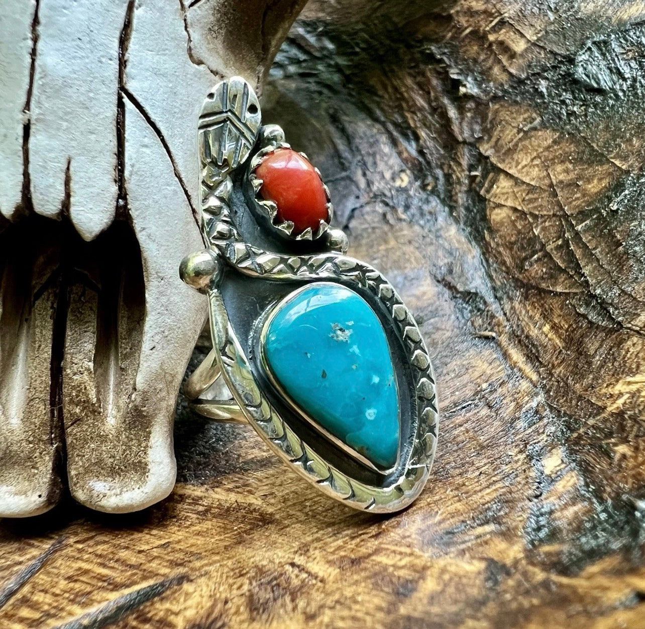 Kingman Turquoise & Italian Red Coral Snake Ring