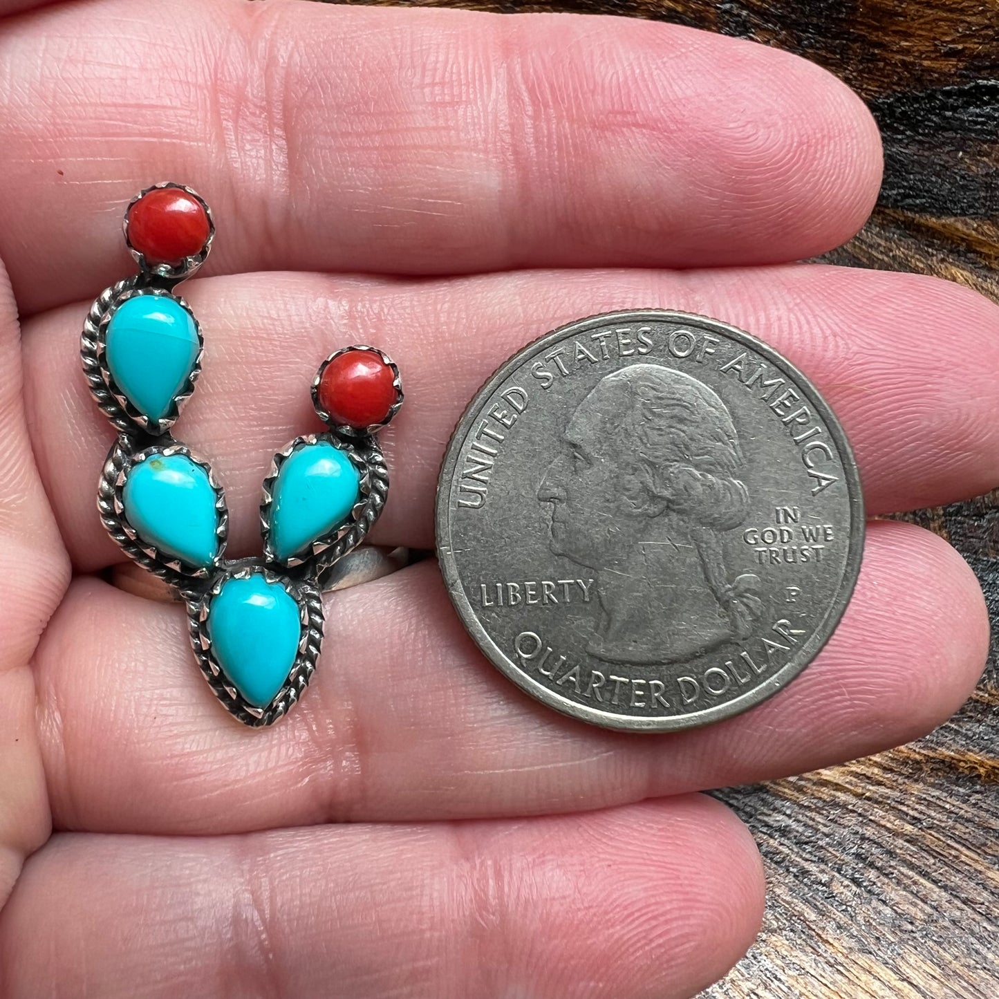 Sterling Silver Kingman Turquoise & Italian Coral Cactus Ring