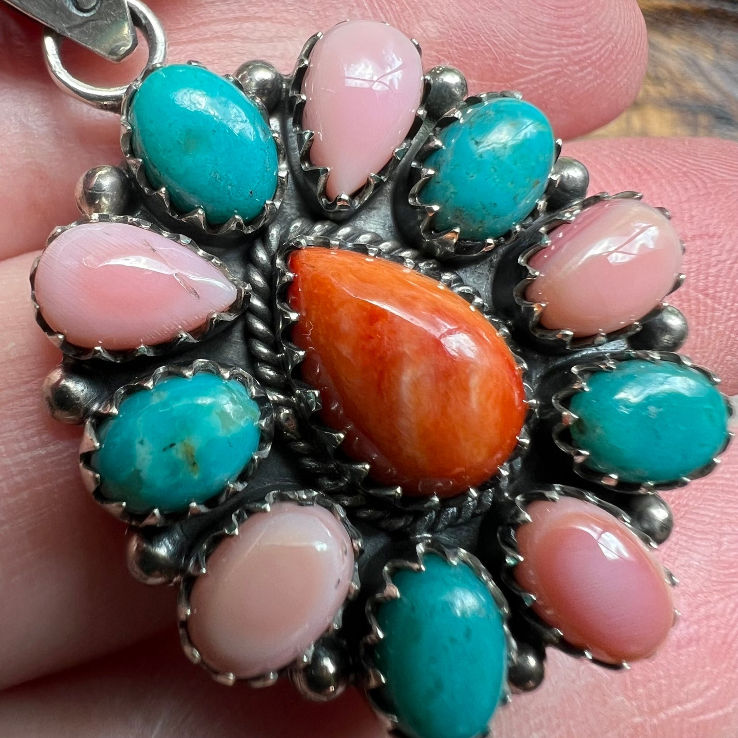 Sterling Kingman Turquoise Queen Conch Spiny Oyster Cluster Pendant