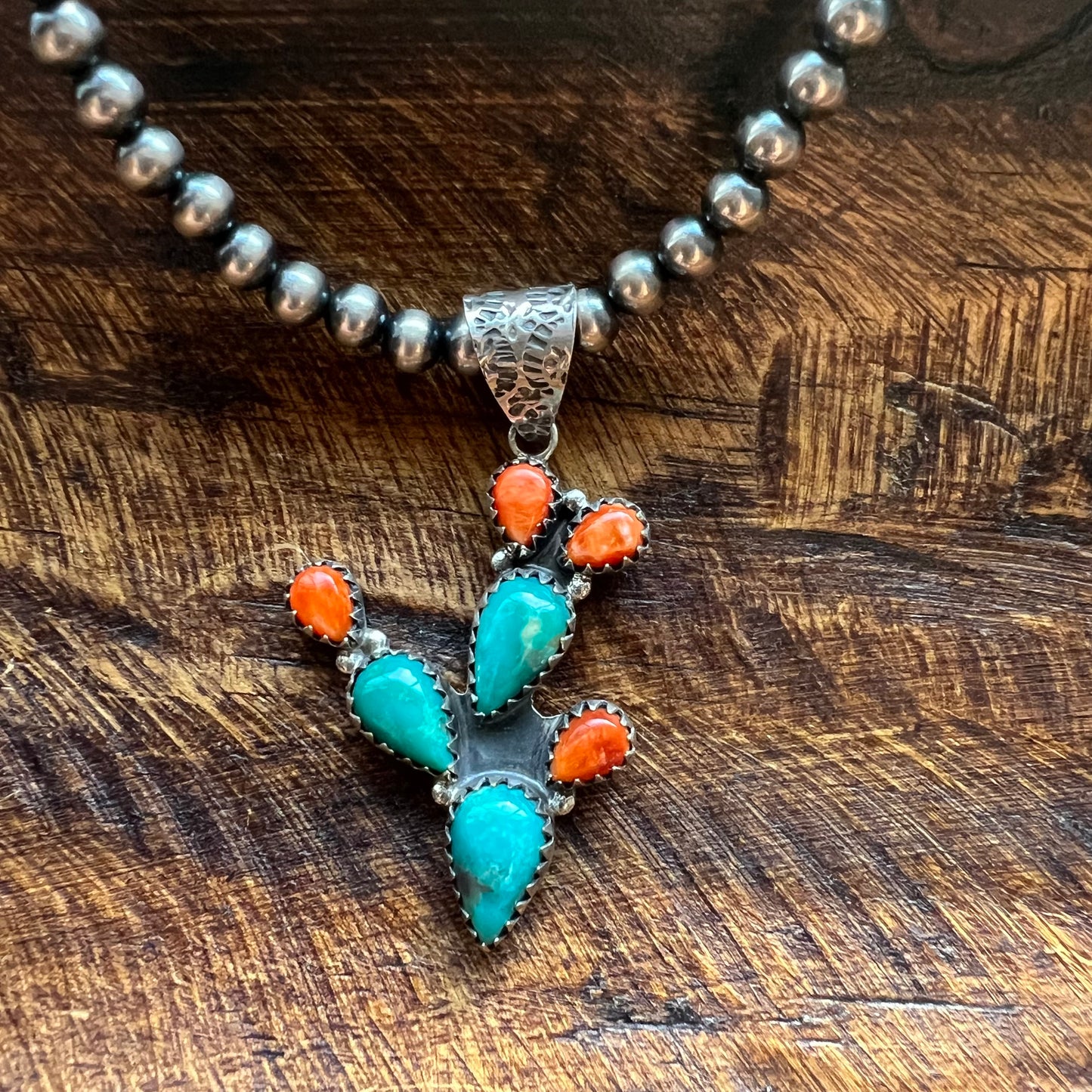 Southwestern Sterling Silver Turquoise & Spiny Oyster Cactus Pendant