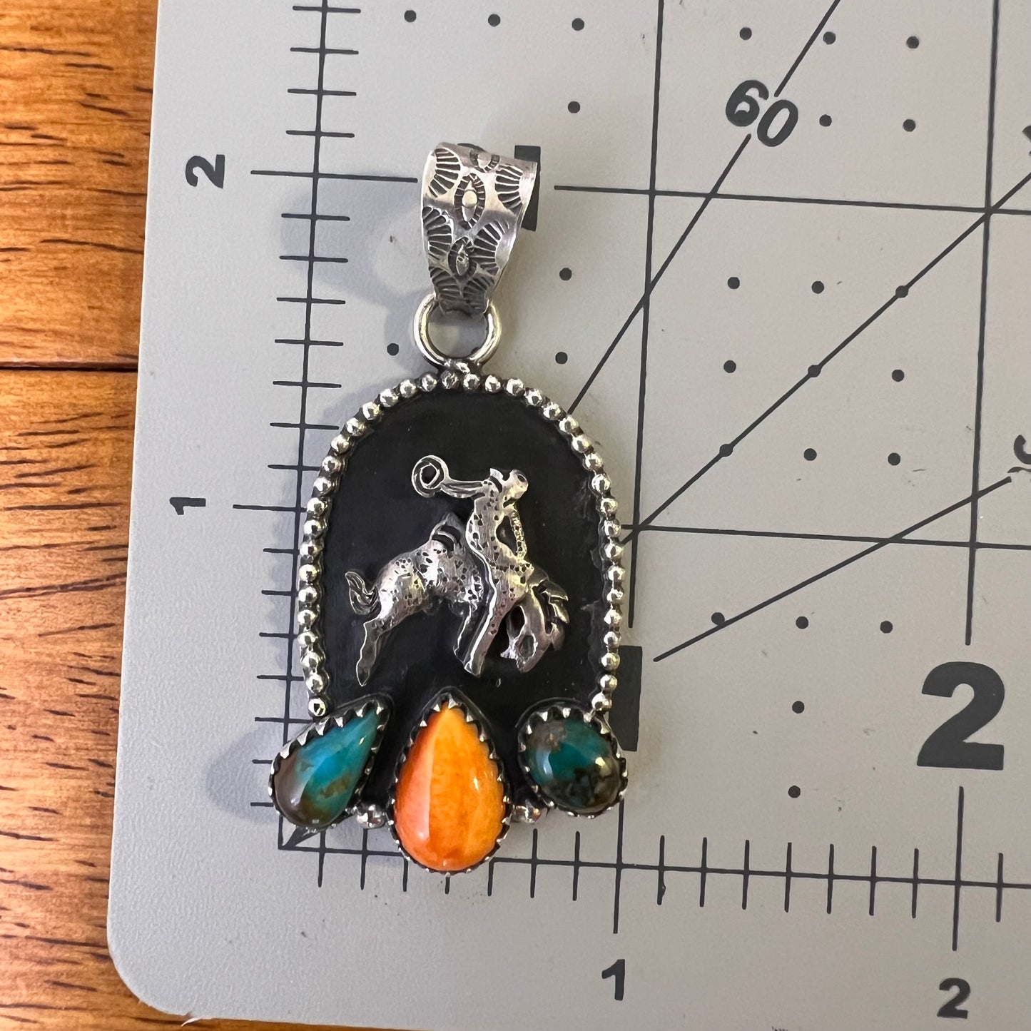 Sterling Silver Kingman Turquoise Spiny Oyster Bucking Bronco Pendant