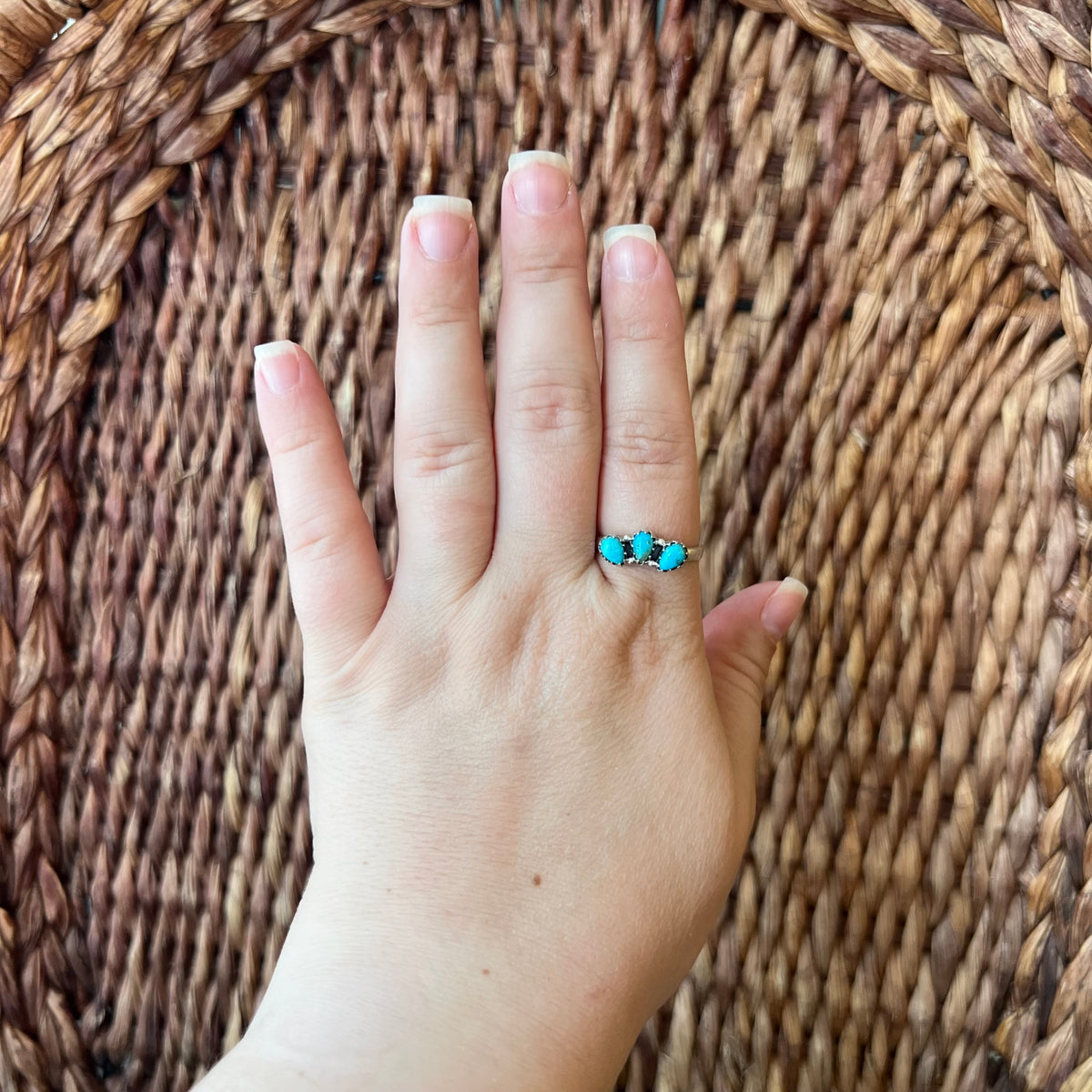 Sterling Silver Kingman Turquoise Three Stone Stacker Ring Size 10.5 Adjustable