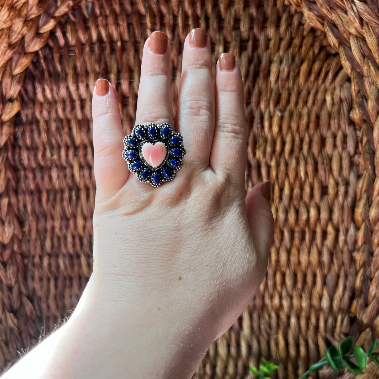 Pink Queen Conch Heart & Lapis Lazuli Statement Ring – Sterling Silver