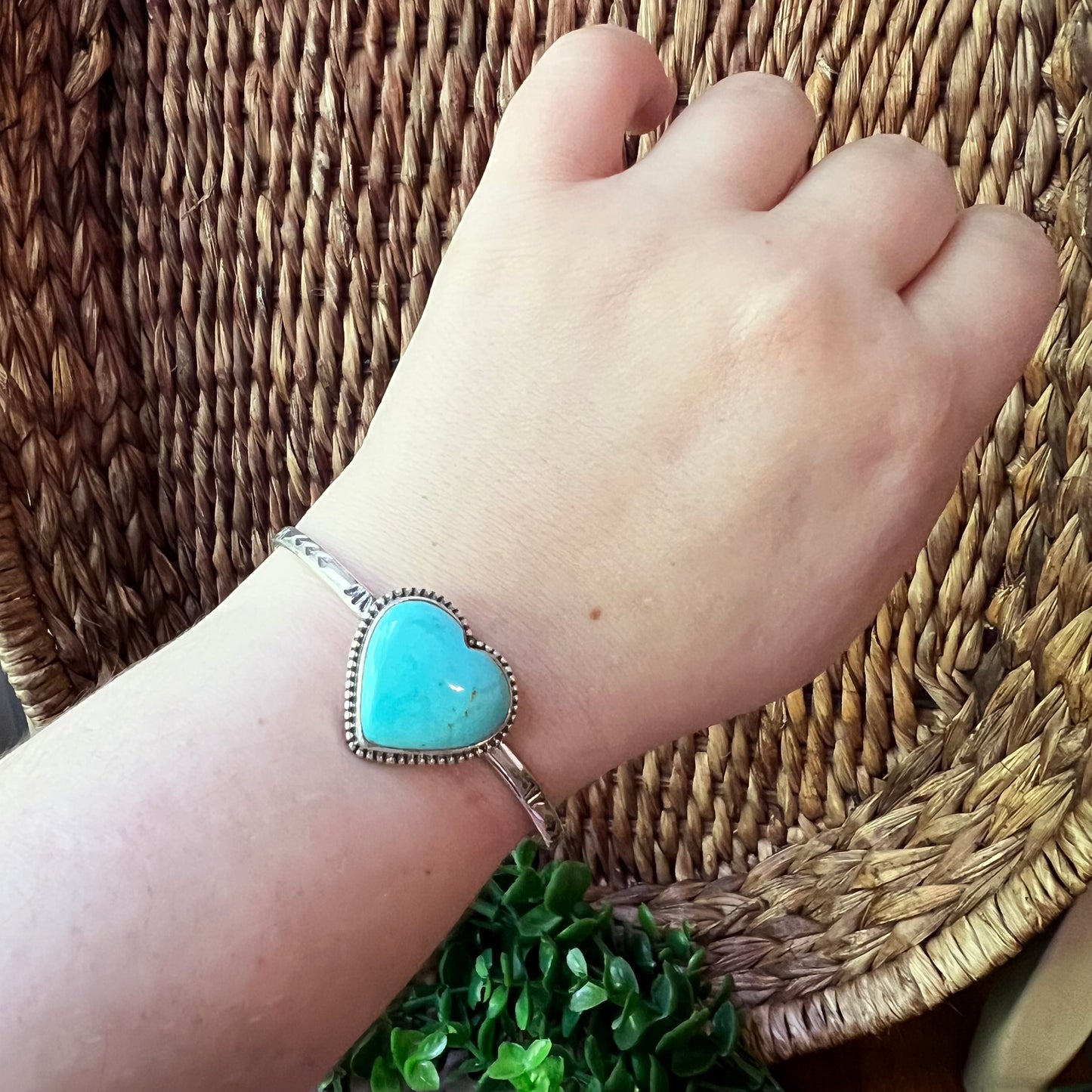 Kingman Turquoise Heart Cuff Bracelet Sterling Silver Adjustable
