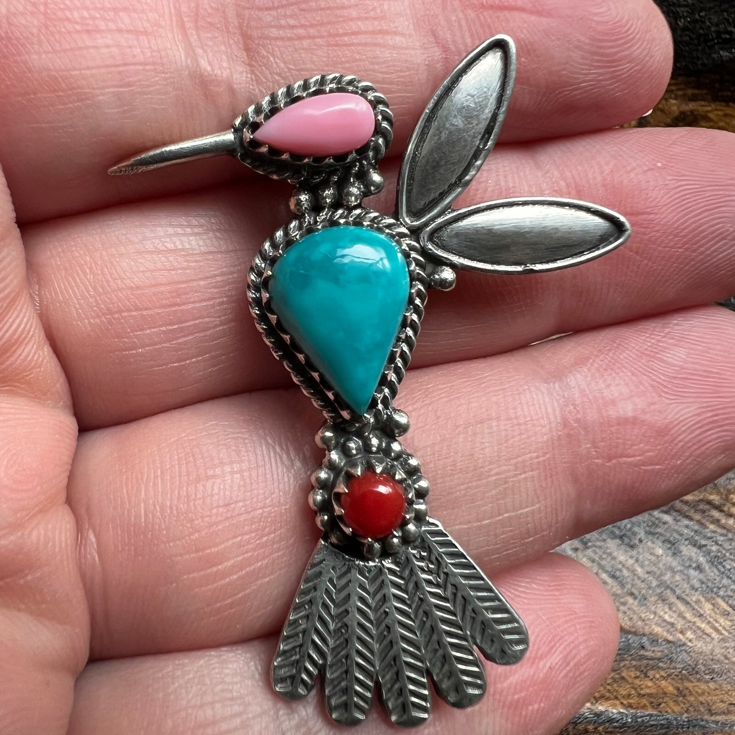 Sterling Kingman Turquoise Queen Conch Coral Hummingbird Brooch Pin