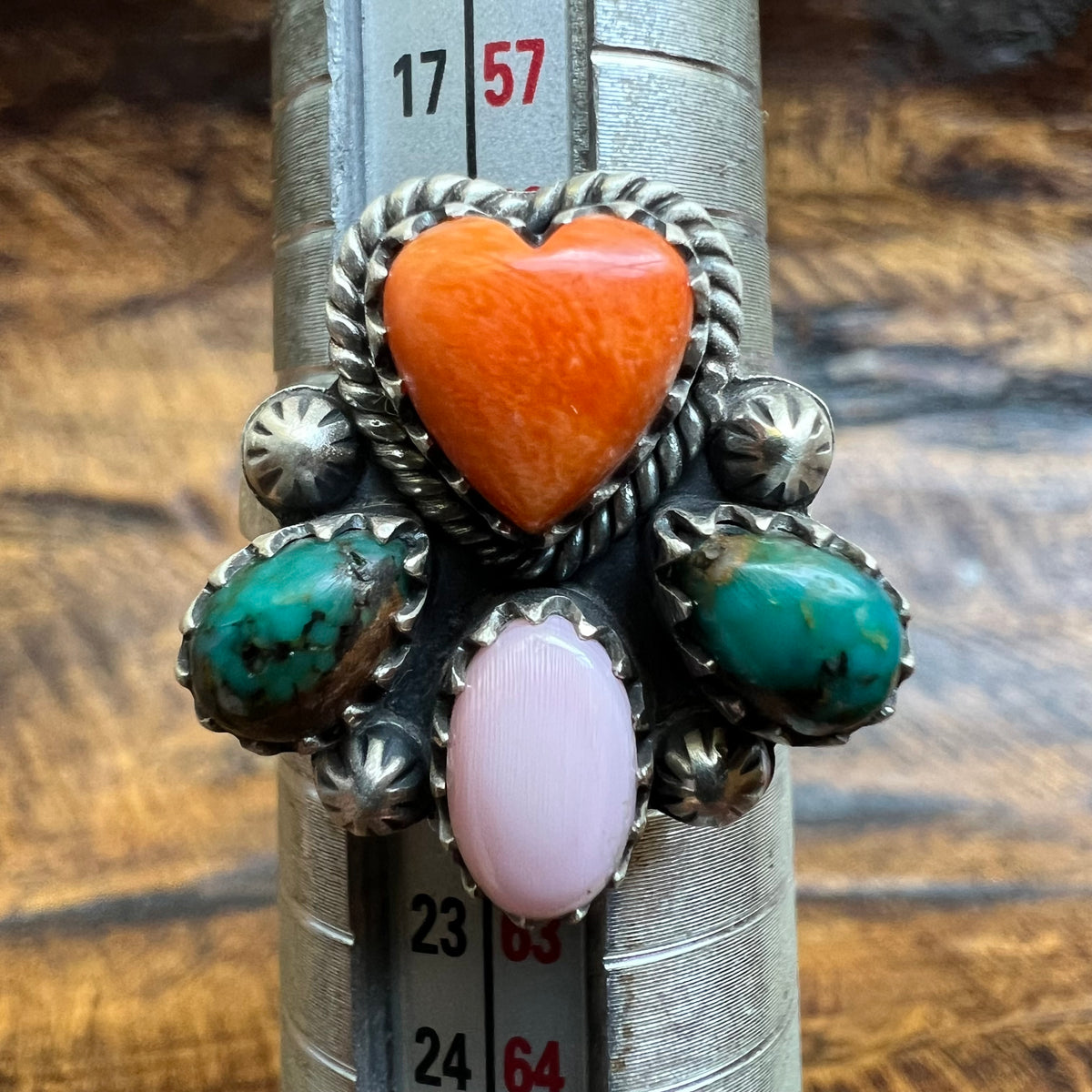 Sterling Silver Spiny Oyster, Kingman Turquoise & Queen Conch Cluster Ring – Size 9