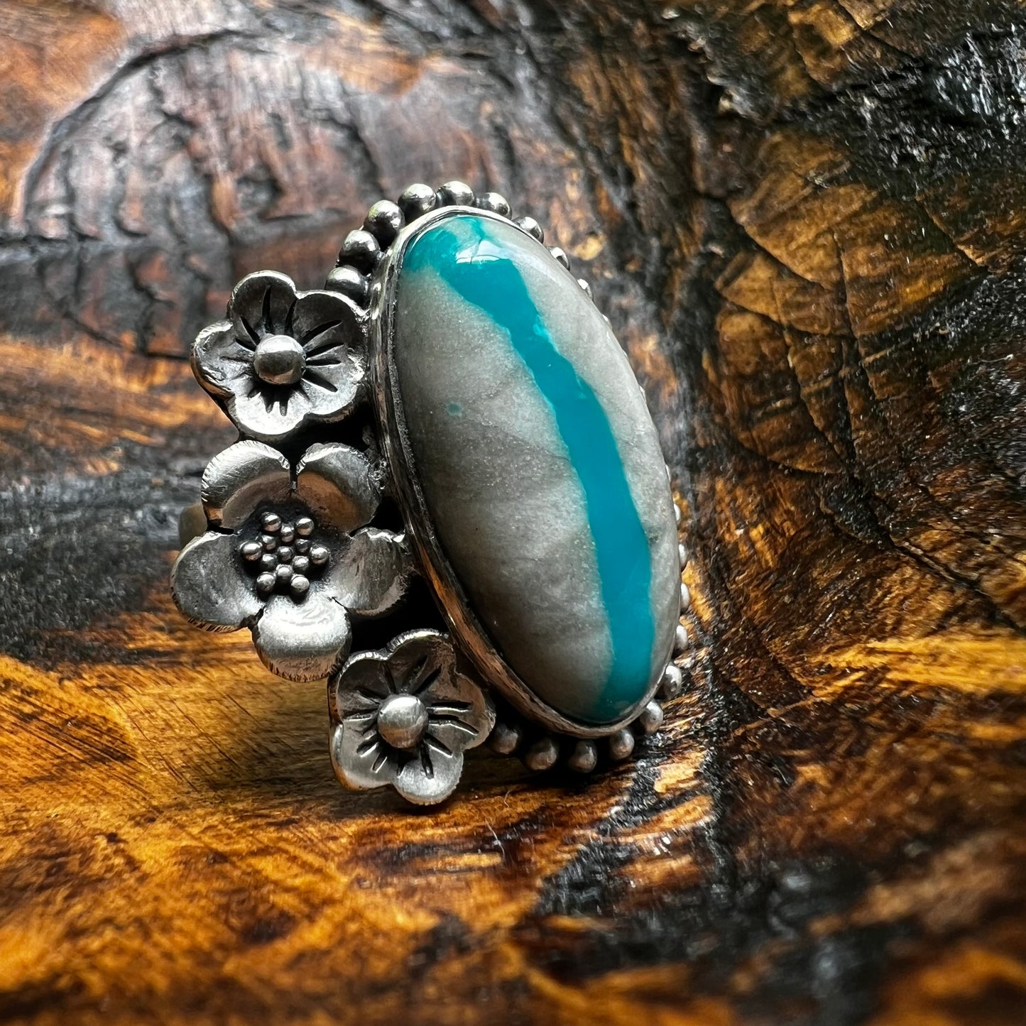 Ribbon Turquoise Floral Sterling Silver Statement Ring – Adjustable Size 9