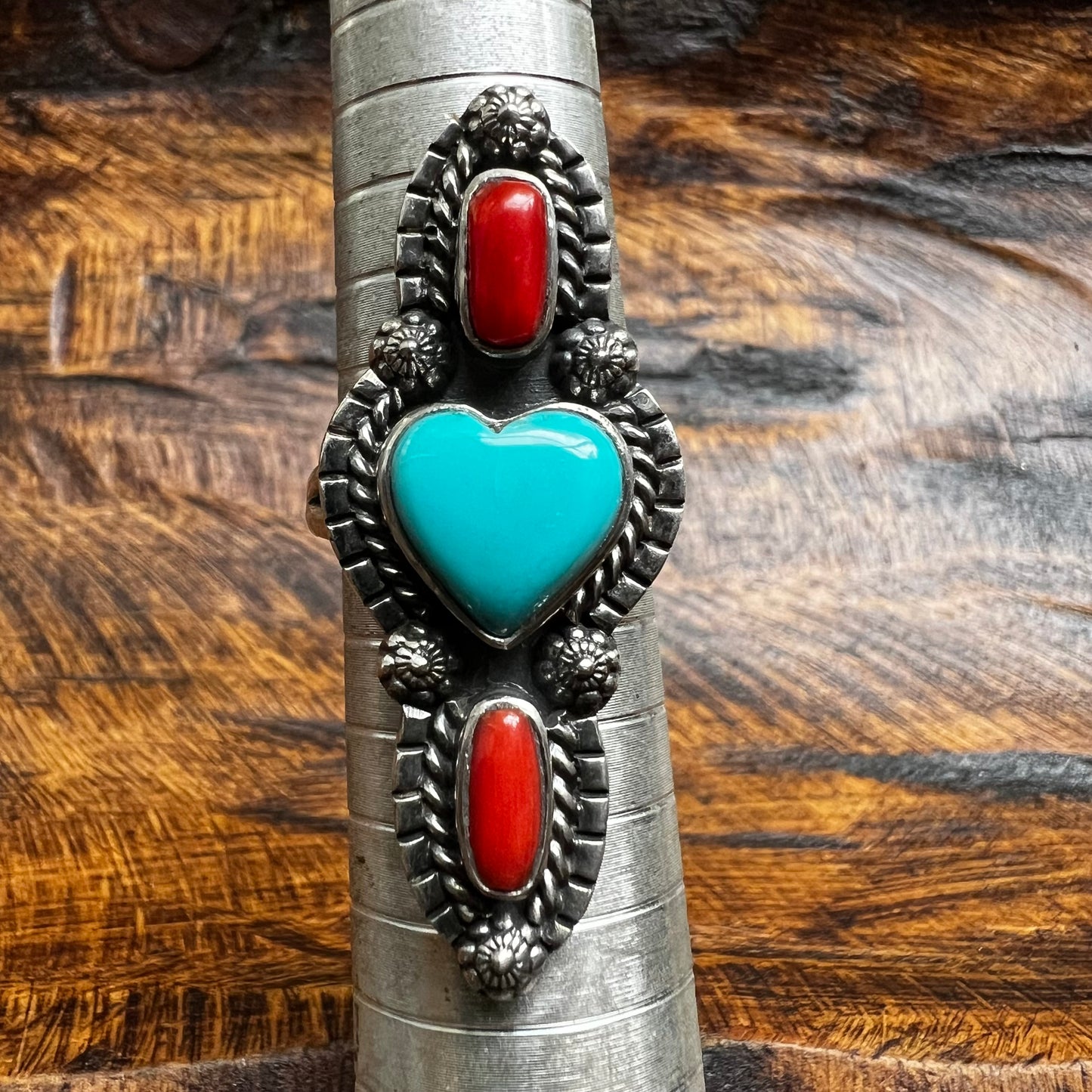 Sterling Kingman Turquoise Heart Italian Red Coral Ring Size 8