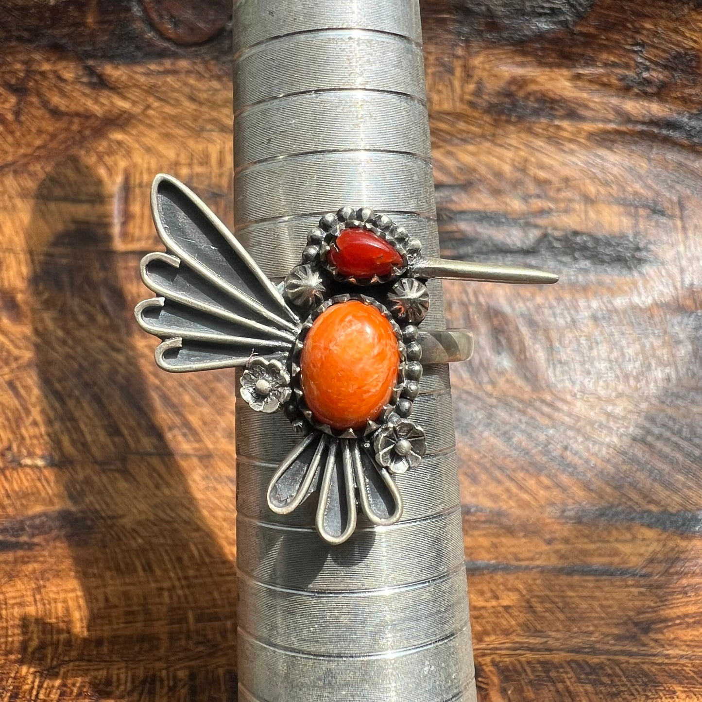 Sterling Silver Spiny Oyster Italian Red Coral Hummingbird Adjustable Ring