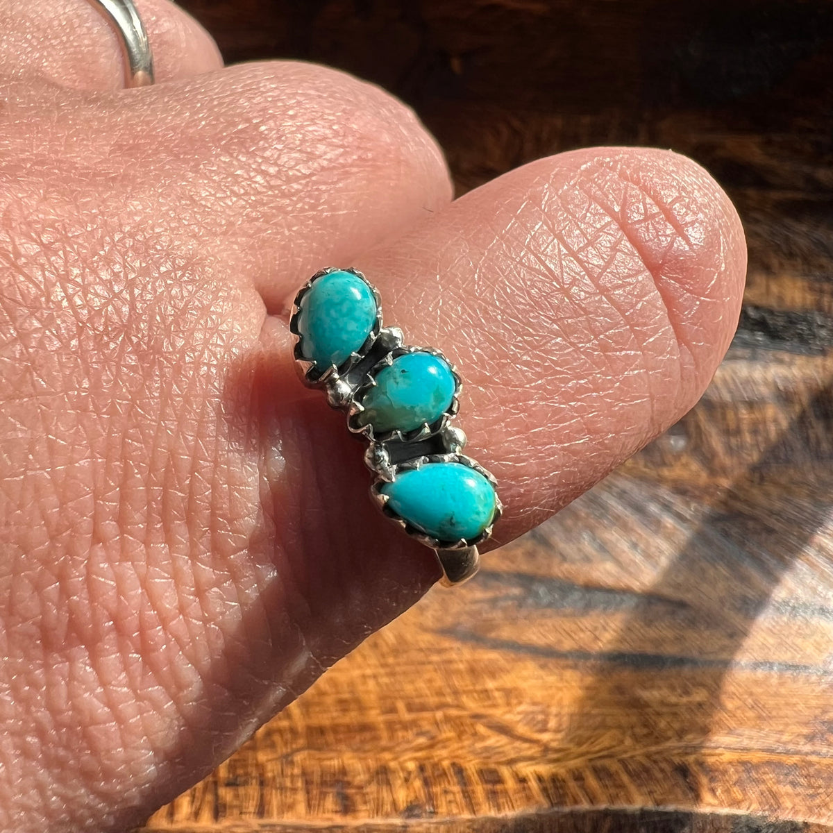 Sterling Silver Kingman Turquoise Three Stone Stacker Ring Size 10.5 Adjustable