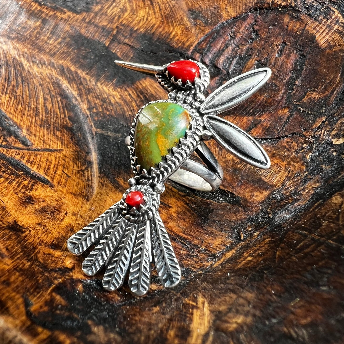 Sterling Silver Hummingbird Ring Kingman Turquoise & Red Coral Size 7