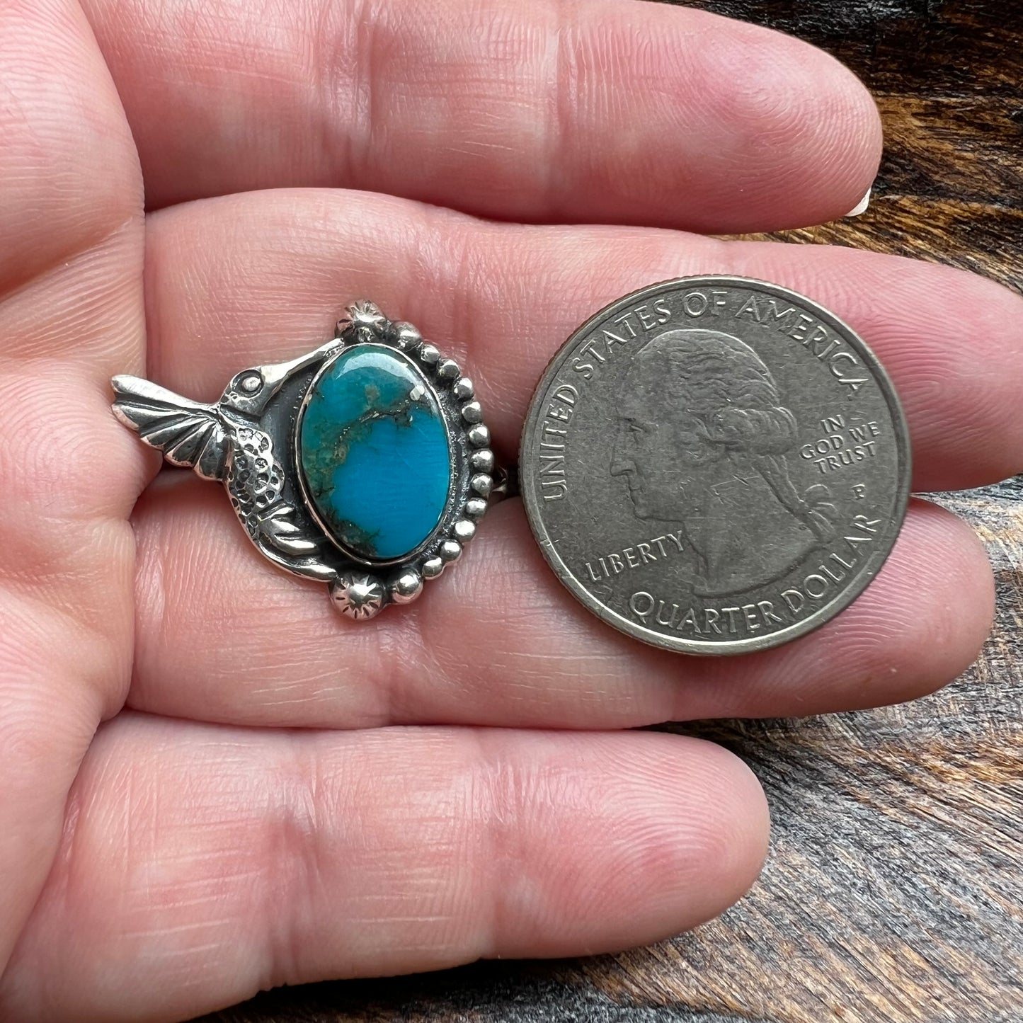 Kingman Turquoise Hummingbird Sterling Silver Ring – Size 9.5