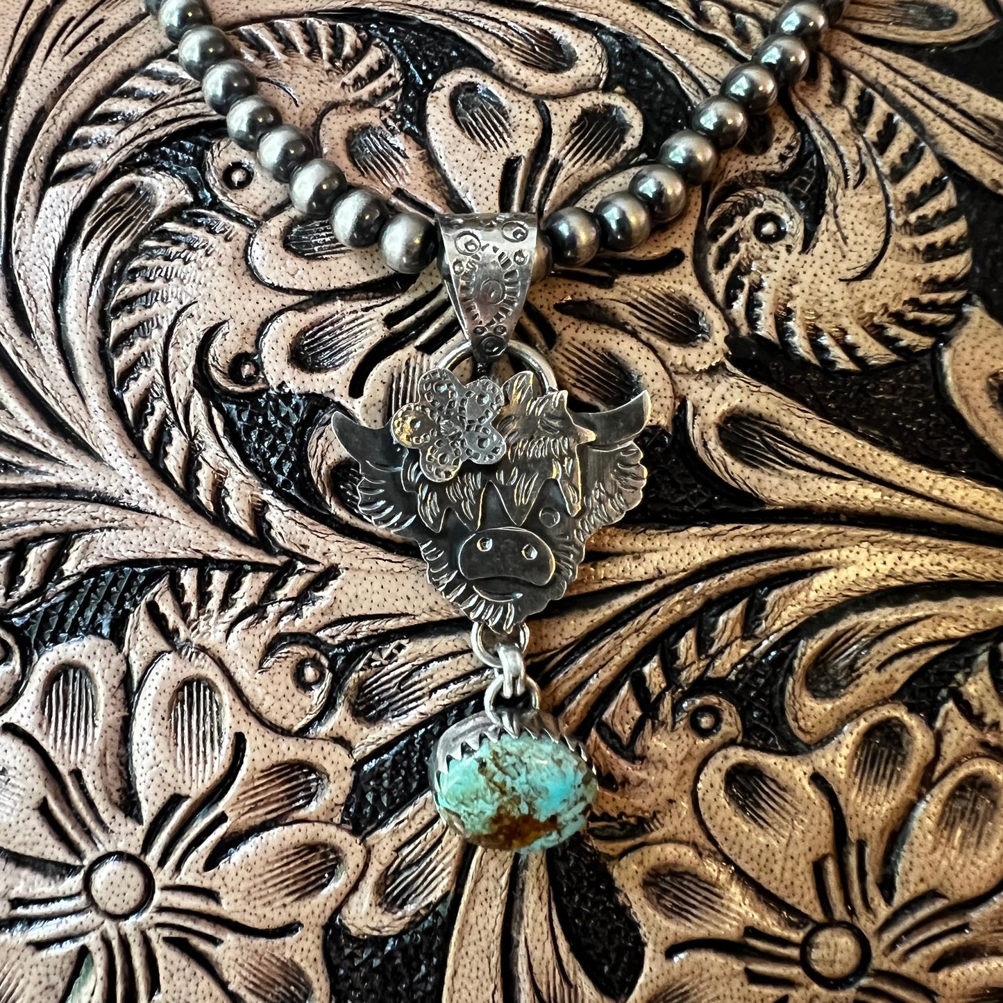 Highland Cow Kingman Turquoise Sterling Silver Pendant