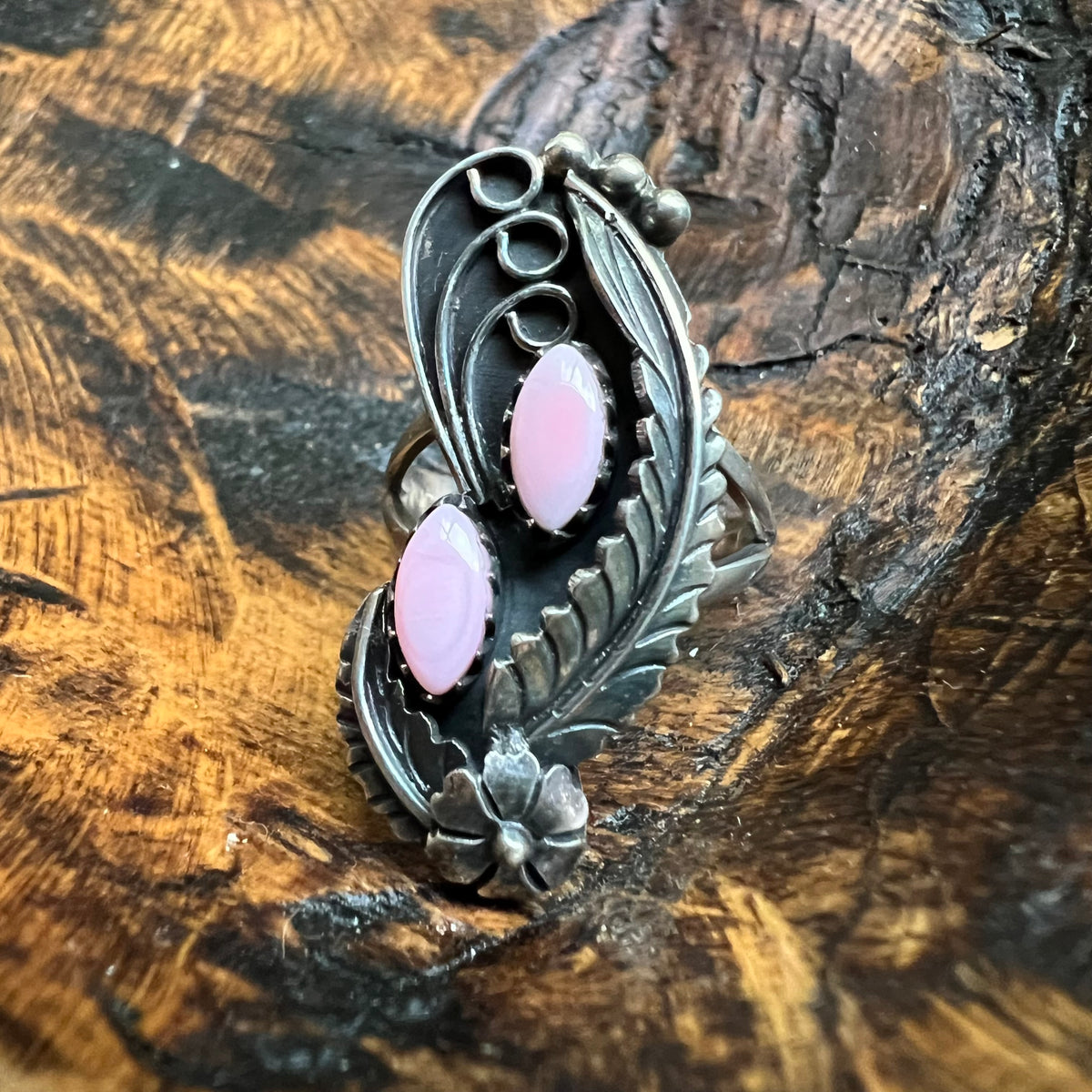 Sterling Silver Queen Conch Double Stone Floral Leaf Ring Size 8
