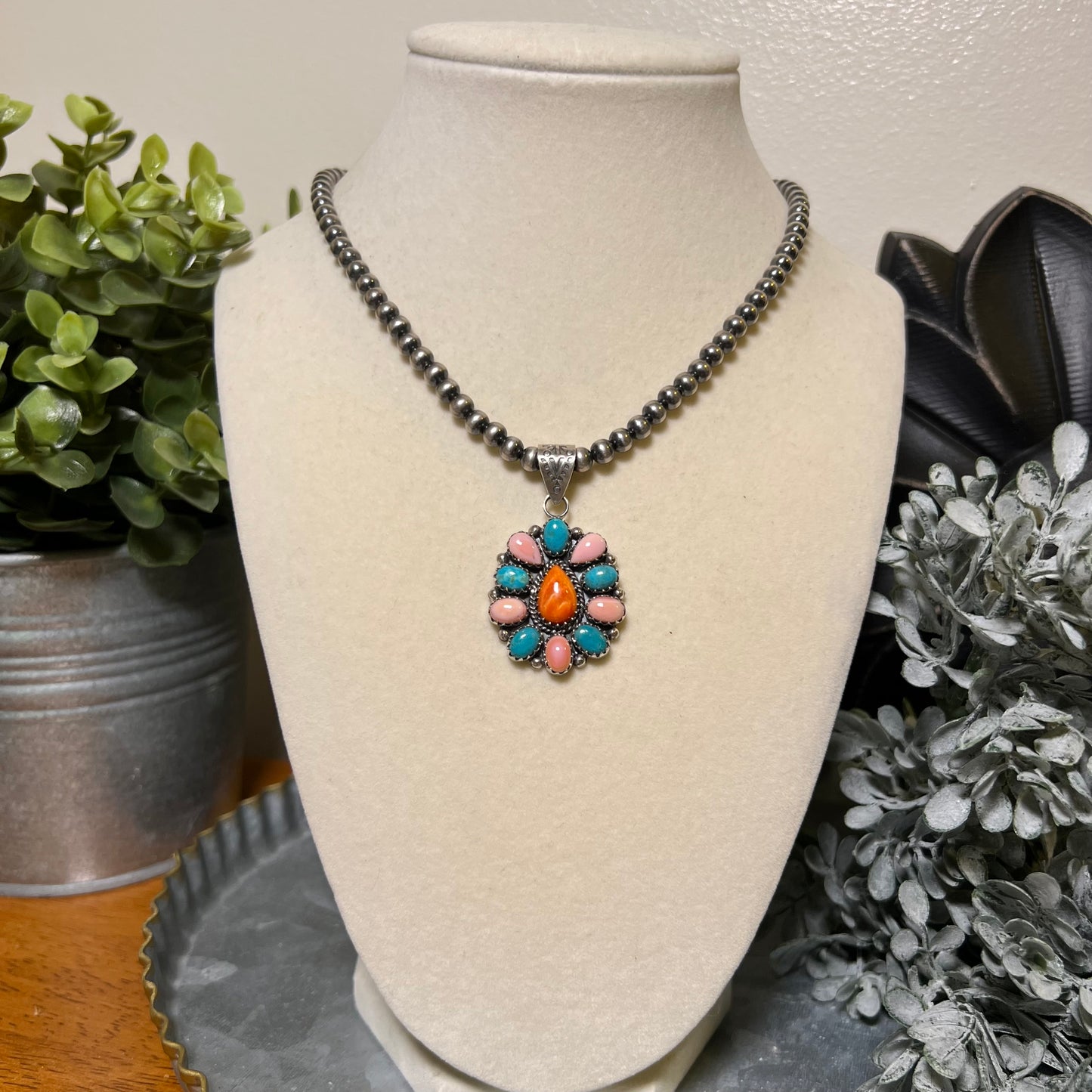 Sterling Kingman Turquoise Queen Conch Spiny Oyster Cluster Pendant