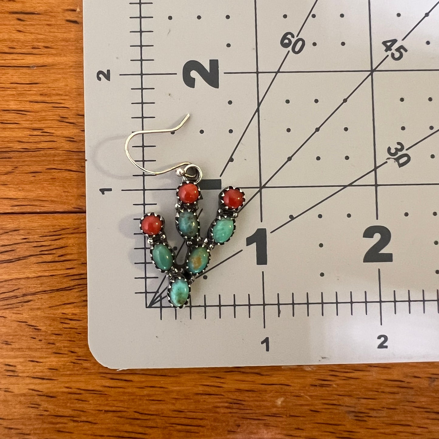 Sterling Silver Kingman Turquoise Red Coral Cactus Dangle Earrings