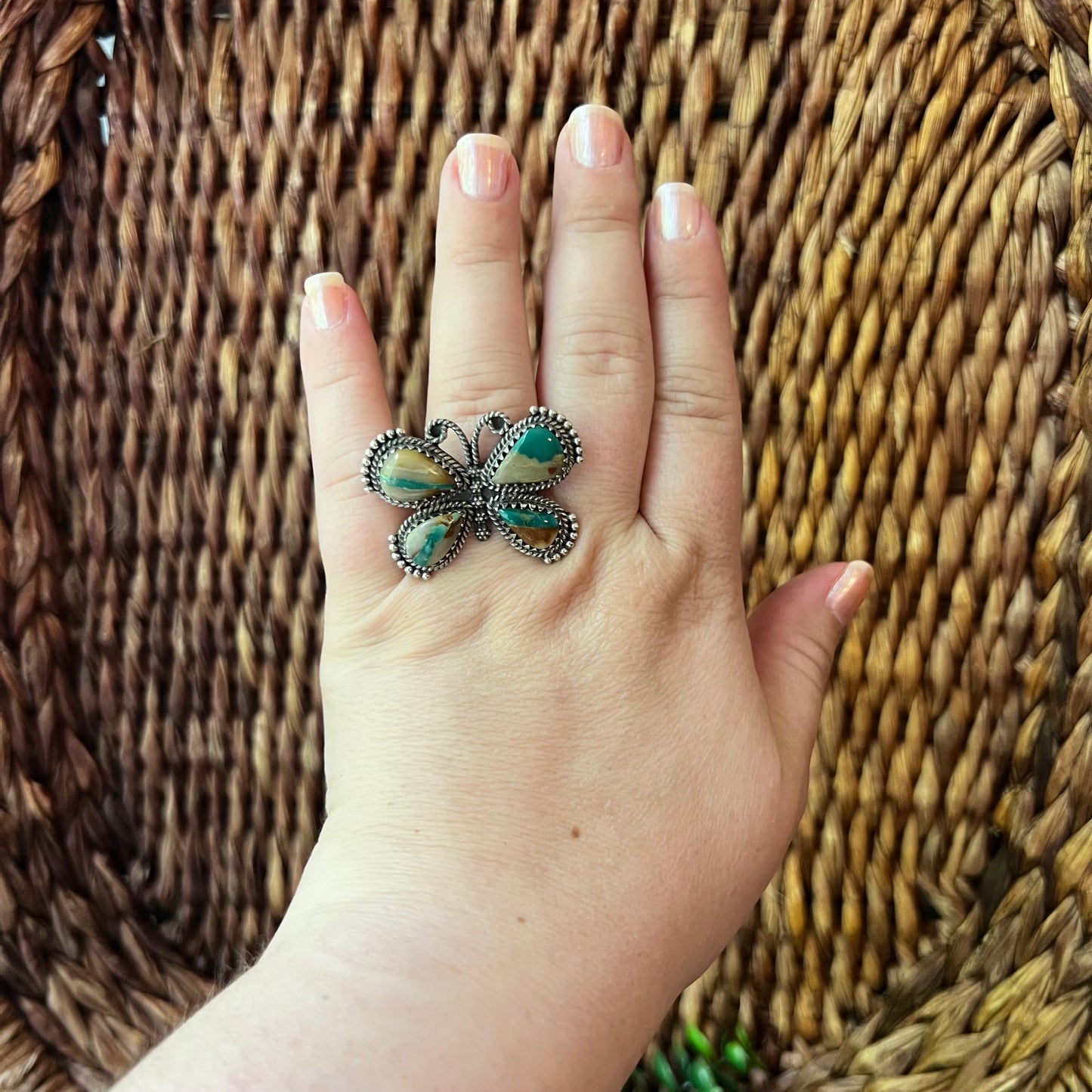 Ribbon Turquoise Butterfly Statement Ring | Sterling Silver Adjustable