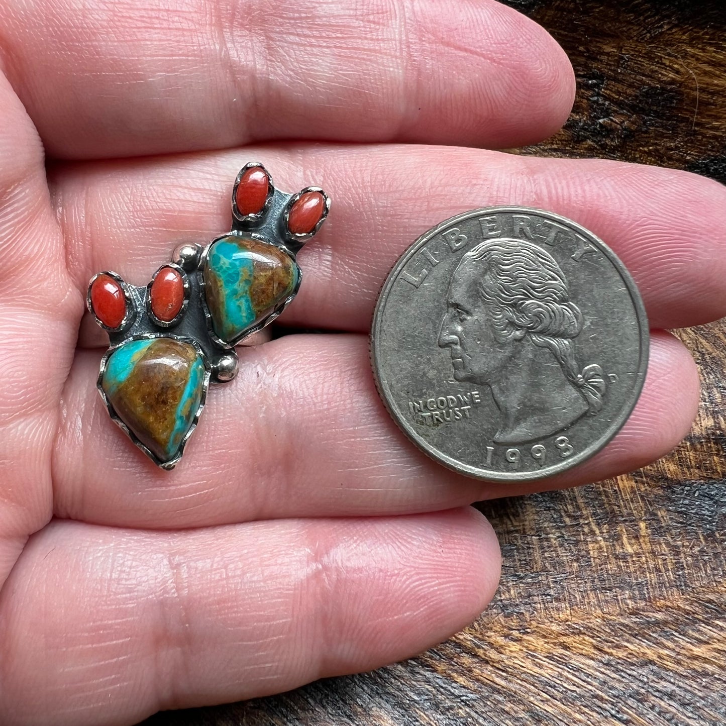 Sterling Royston Turquoise Red Coral Cactus Ring Adjustable Size 8
