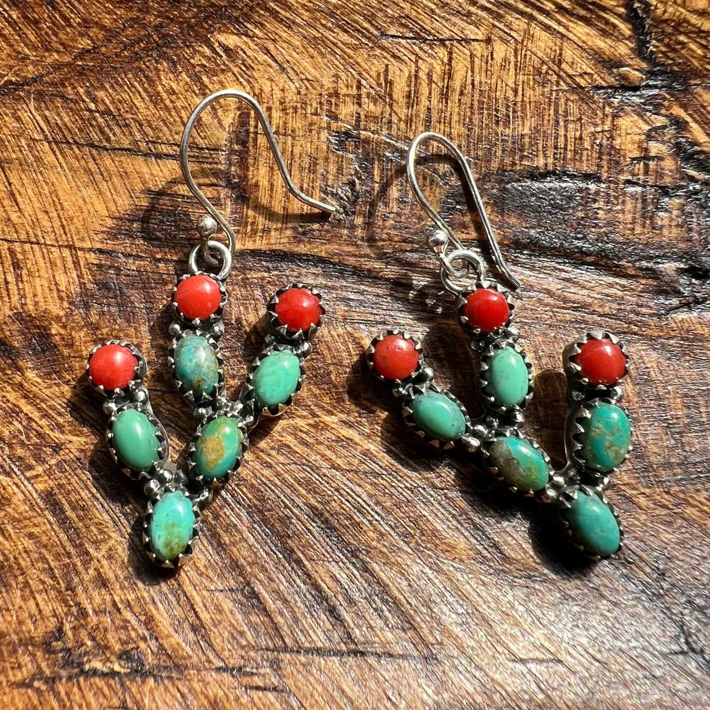 Sterling Silver Kingman Turquoise Red Coral Cactus Dangle Earrings