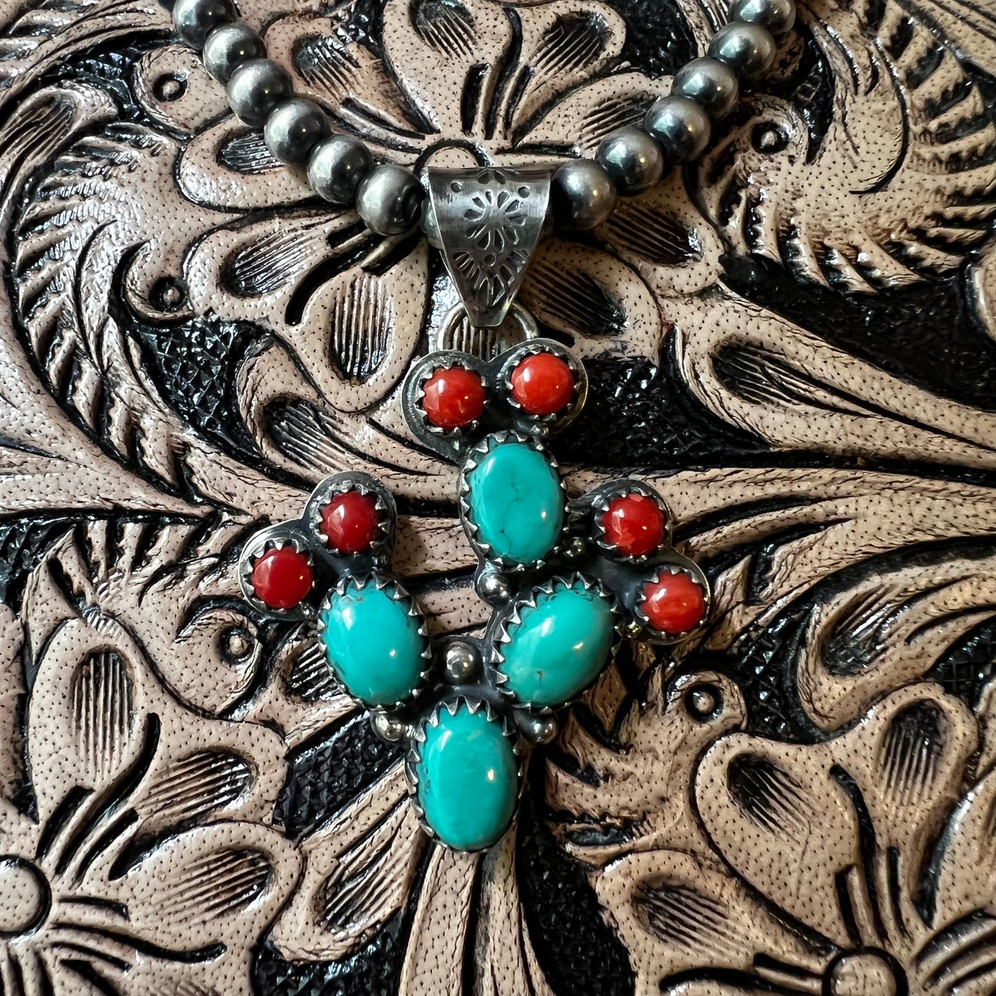 Kingman Turquoise & Coral Cactus Sterling Silver Pendant