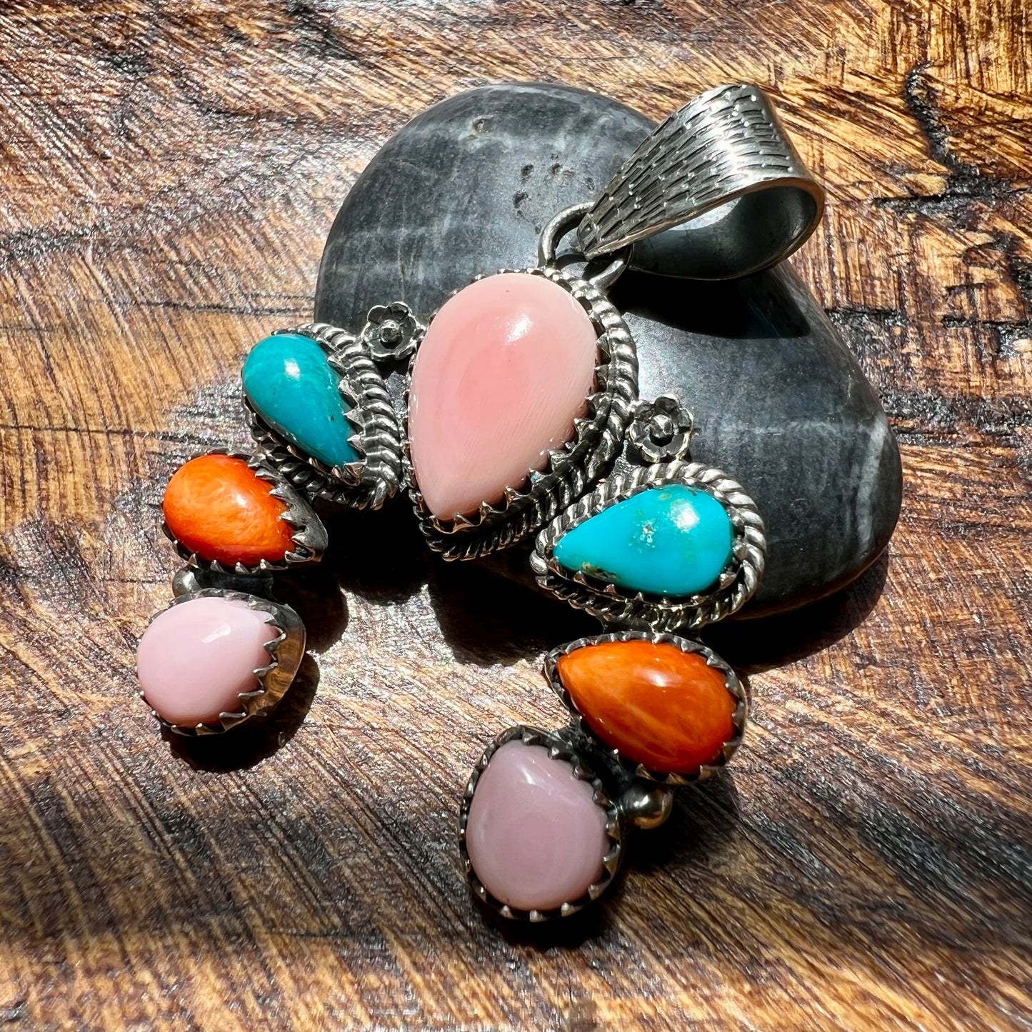 Queen Conch, Kingman Turquoise & Spiny Oyster Naja Sterling Silver Pendant