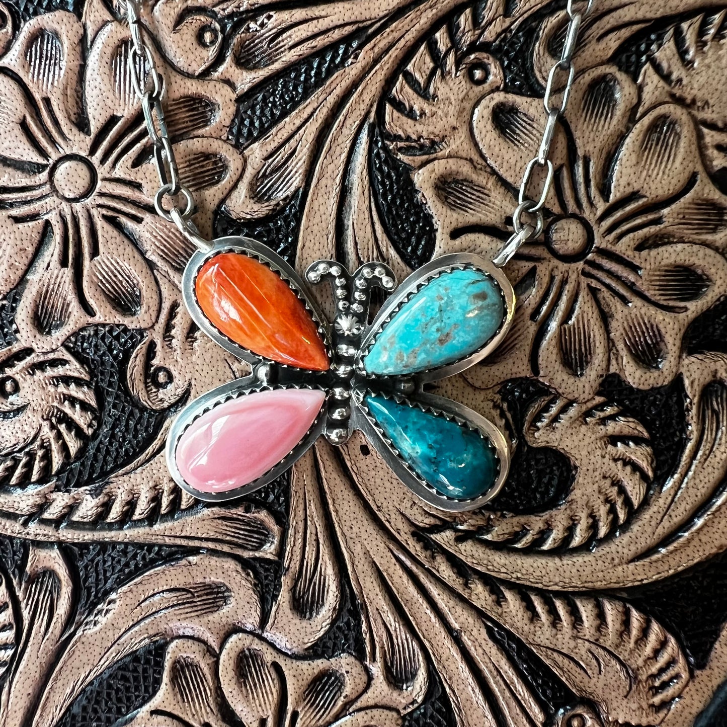 Multistone Butterfly Necklace – Kingman Turquoise, Spiny Oyster & Pink Conch Sterling Silver