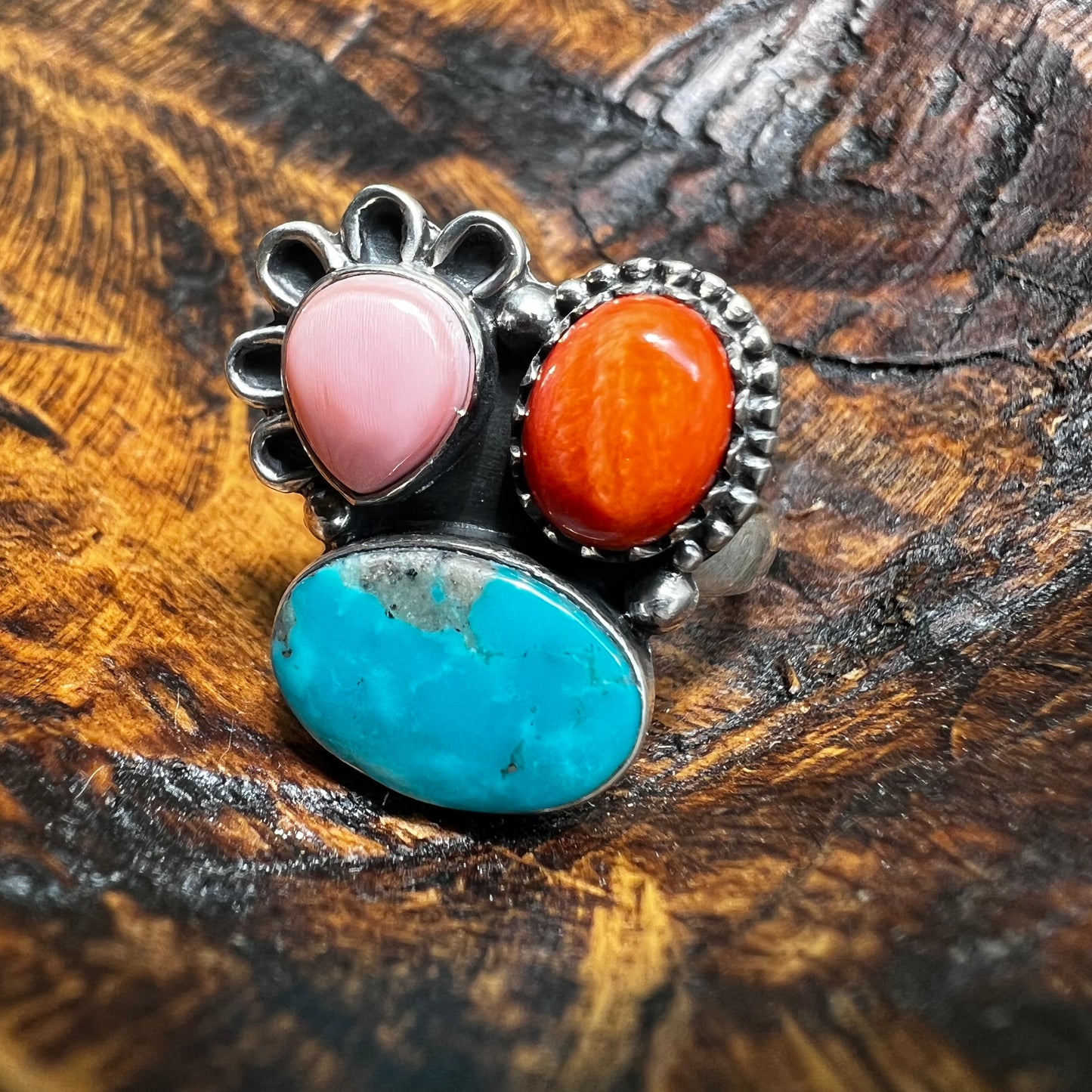 Kingman Turquoise, Spiny Oyster & Queen Conch Sterling Silver Ring – Size 9