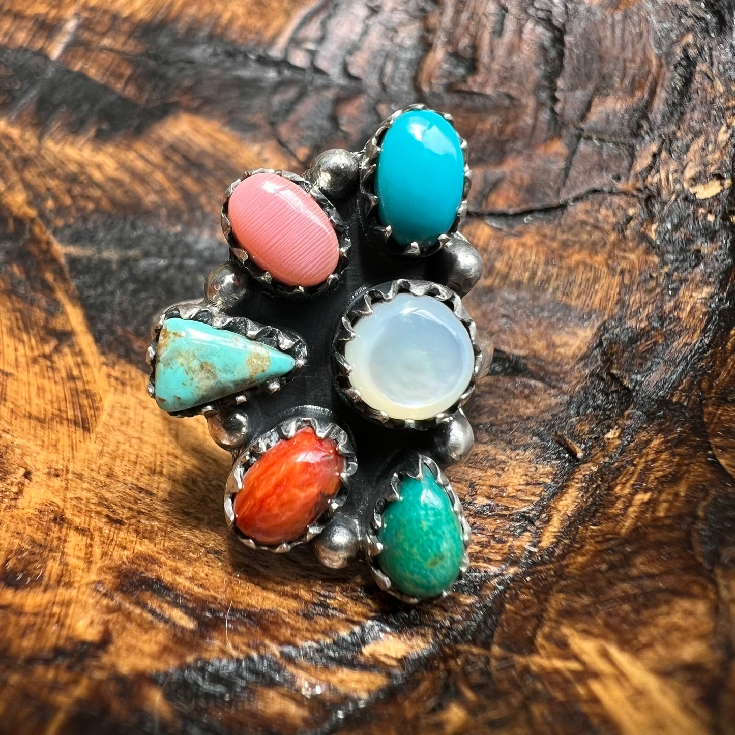Sterling Silver Kingman Turquoise Spiny Oyster Conch Multi Stone Ring Sz 9 (Adjustable)