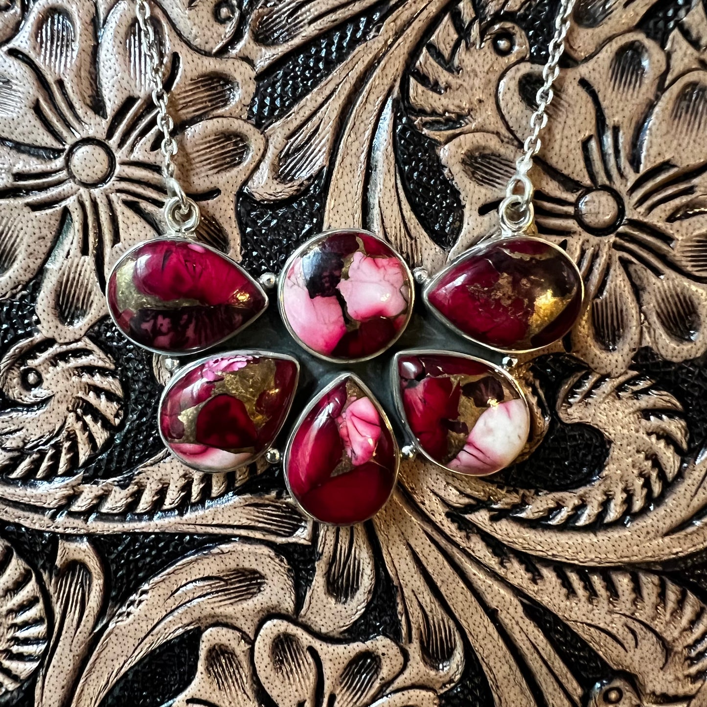 Sterling Silver Red Dahlia Statement Cluster Pendant Necklace