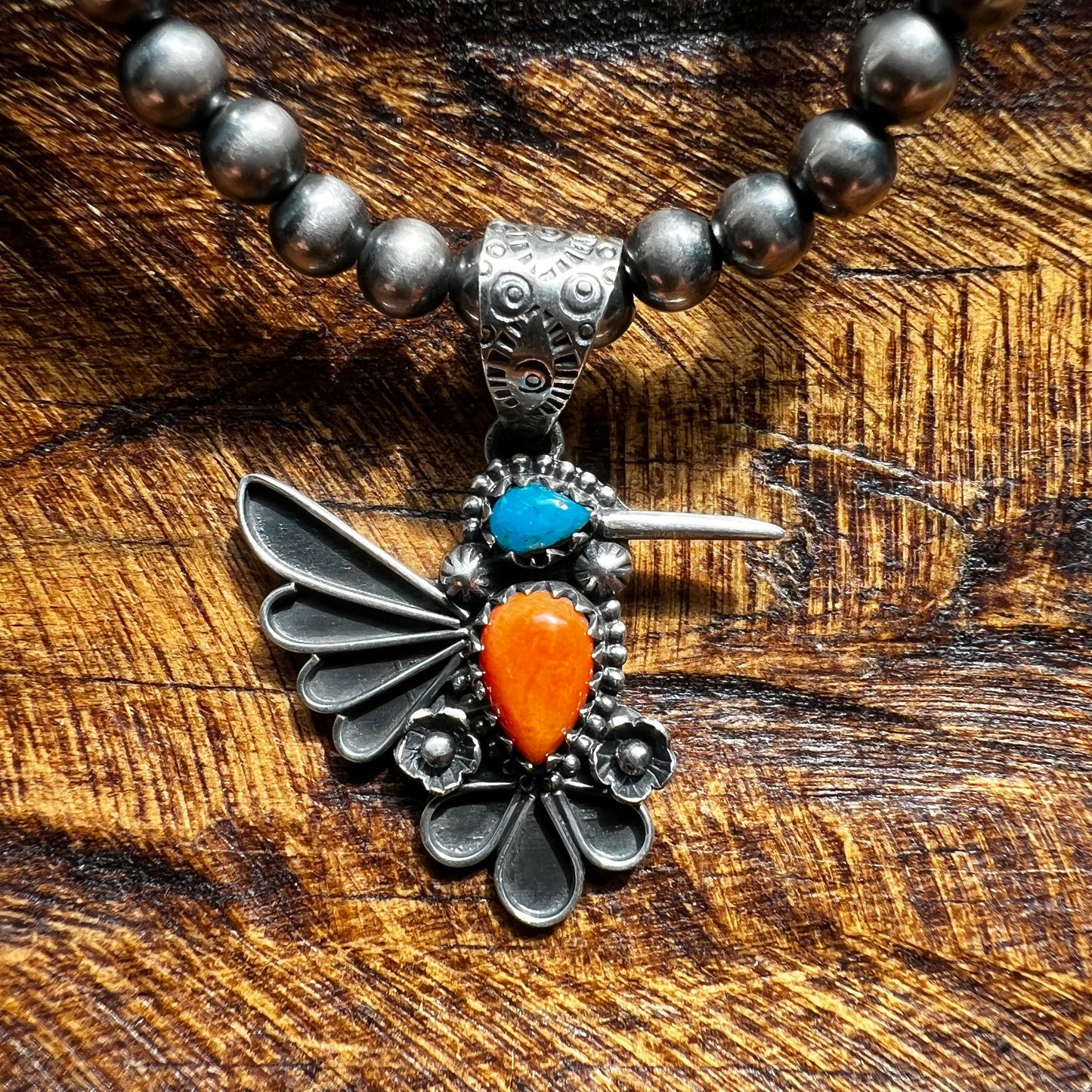 Sterling Silver Kingman Turquoise & Spiny Oyster Hummingbird Pendant