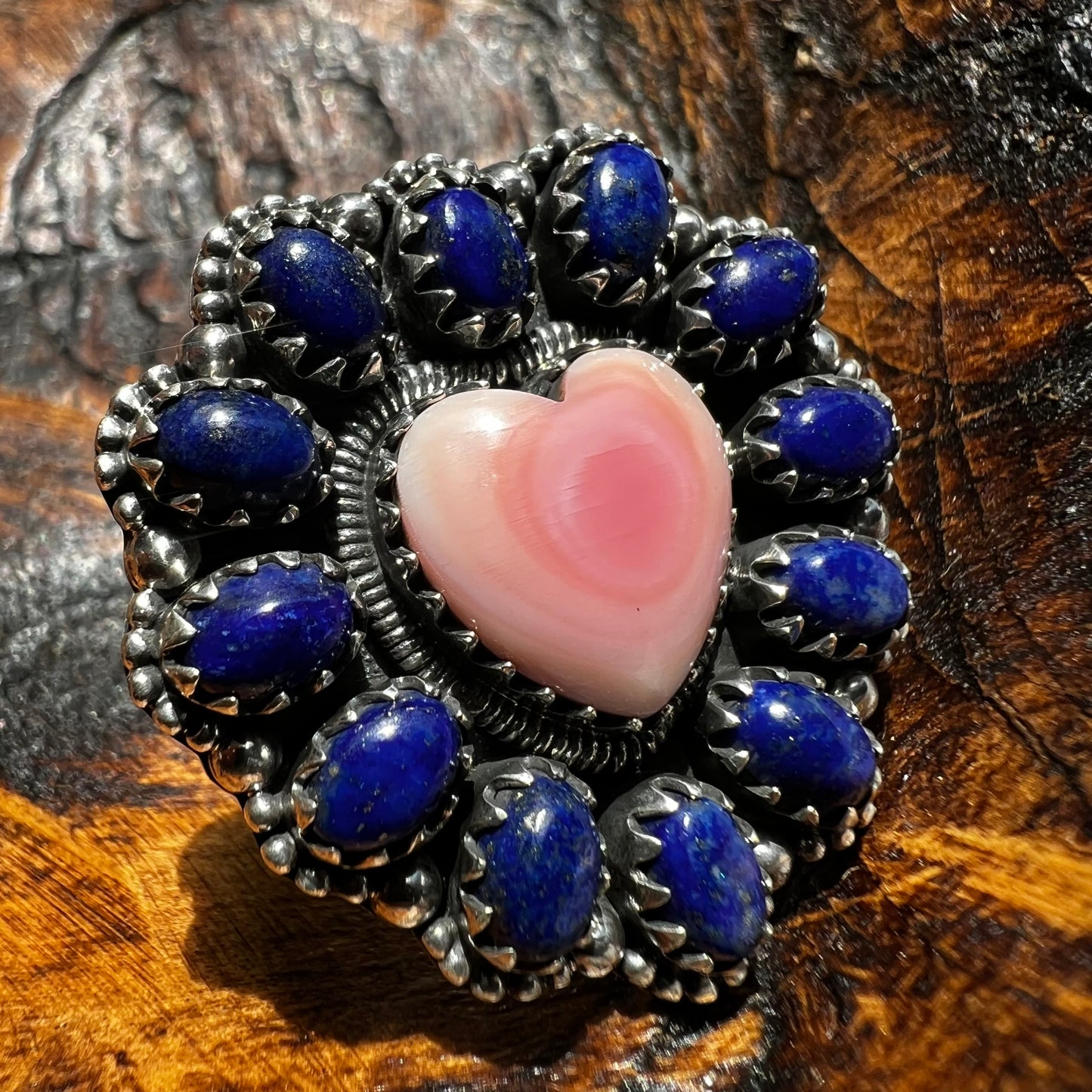 Pink Queen Conch Heart & Lapis Lazuli Statement Ring – Sterling Silver