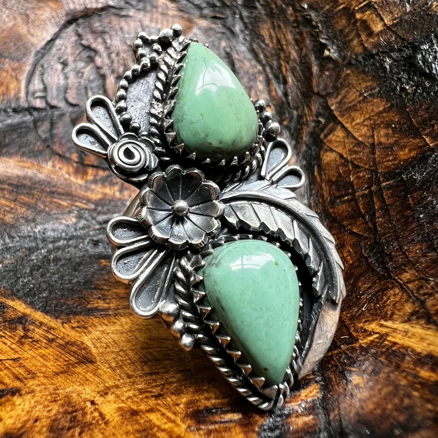 Kingman Turquoise Double Stone Statement Ring – Size 8.5 Sterling Silver