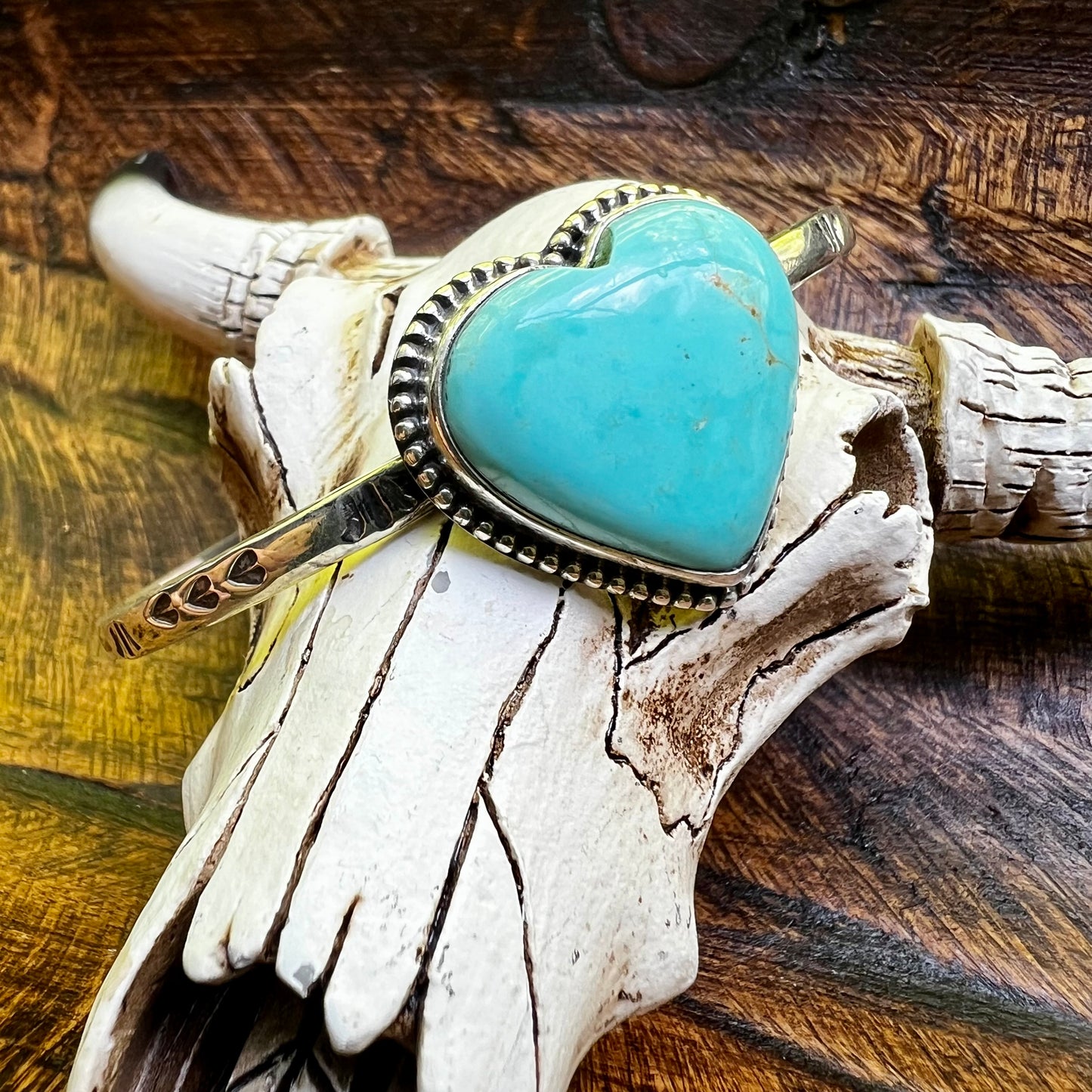 Kingman Turquoise Heart Cuff Bracelet Sterling Silver Adjustable