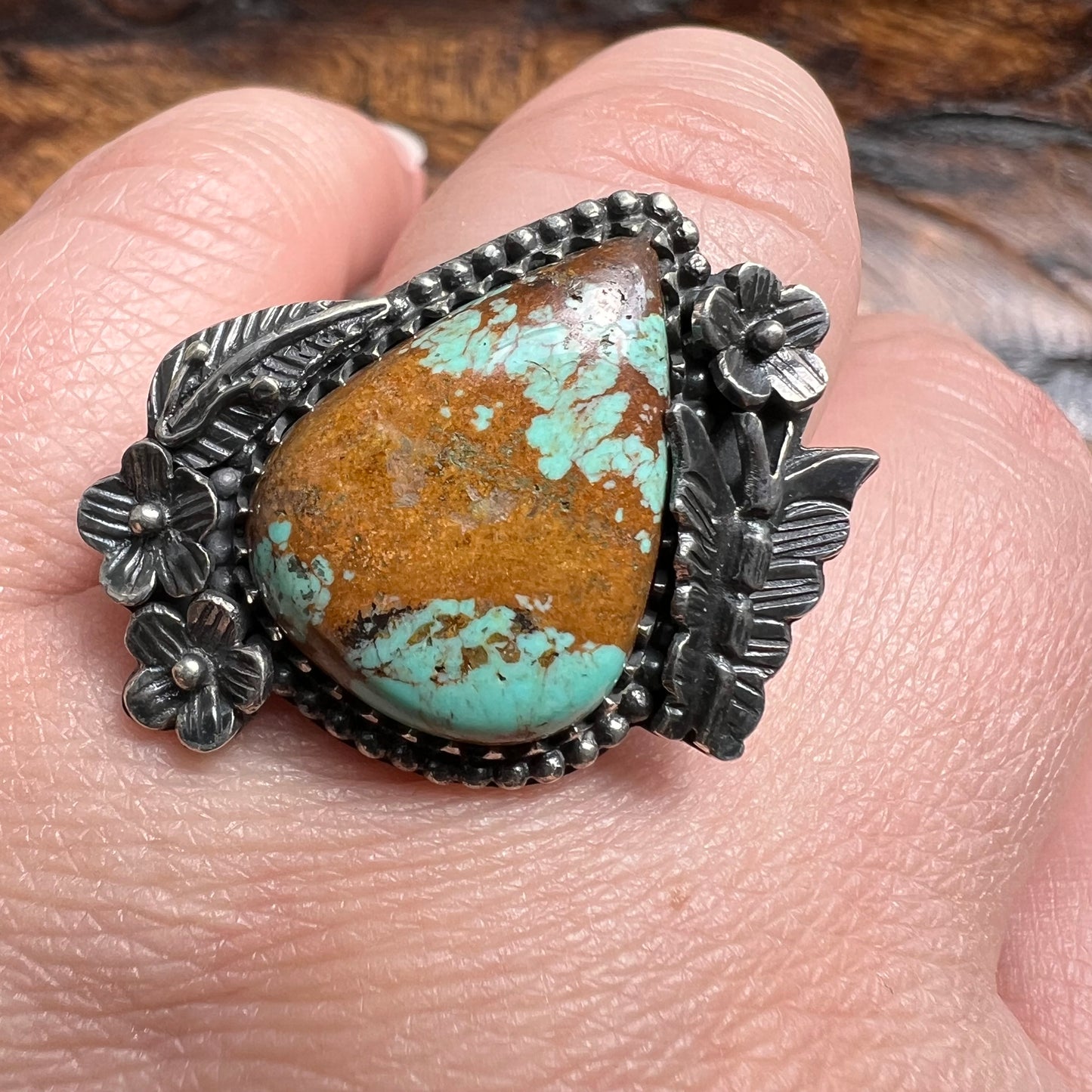 925 Sterling Silver Kingman Turquoise Floral Butterfly Statement Ring Sz 9
