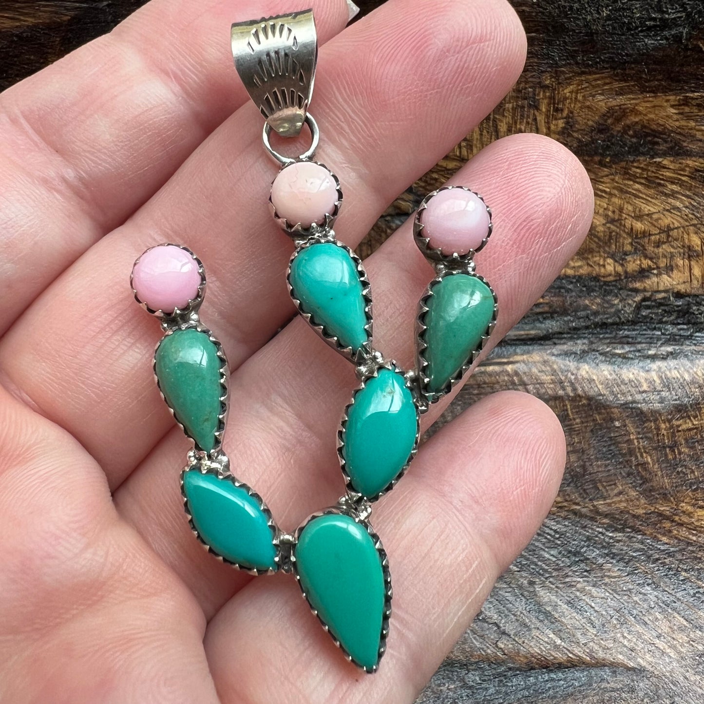 Kingman Turquoise & Queen Conch Cactus Pendant in Sterling Silver