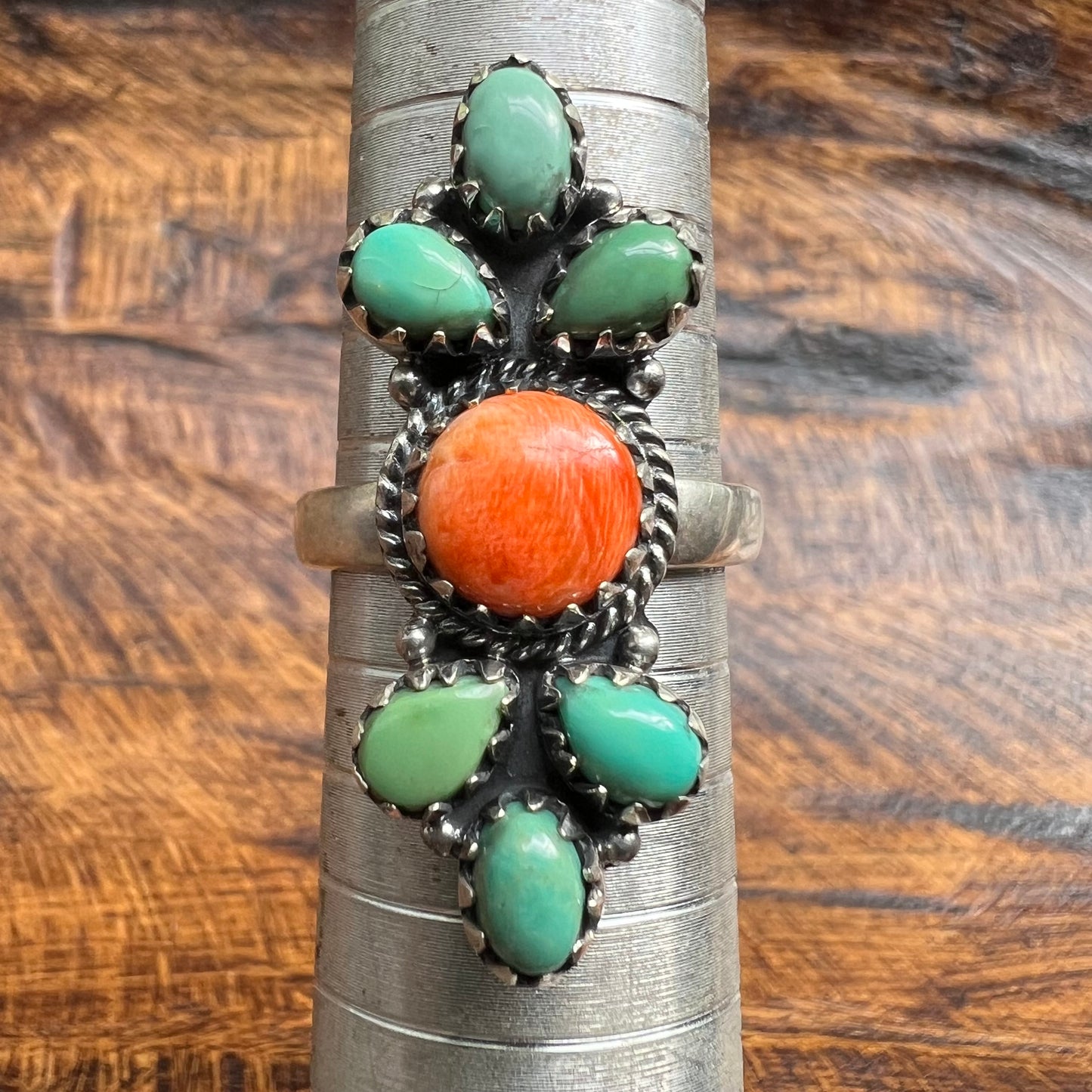 Sterling Silver Spiny Oyster Turquoise Cluster Ring Adjustable Size 9