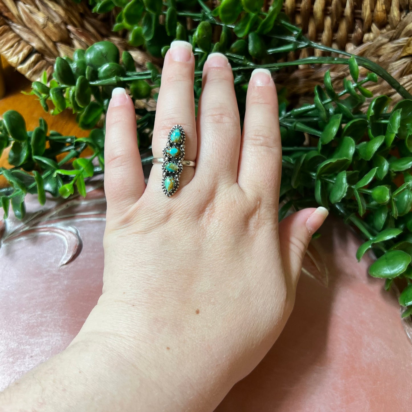 Sterling Silver Kingman Turquoise Dainty Crawler Ring Adjustable Size 8