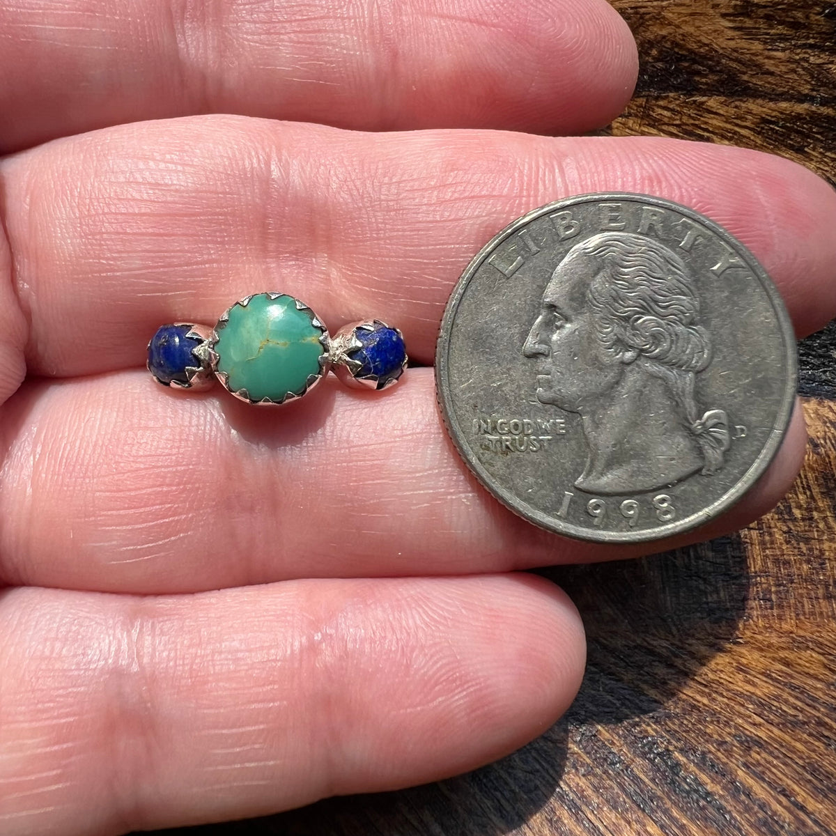 Sterling Silver Kingman Turquoise & Lapis Lazuli Three-Stone Ring