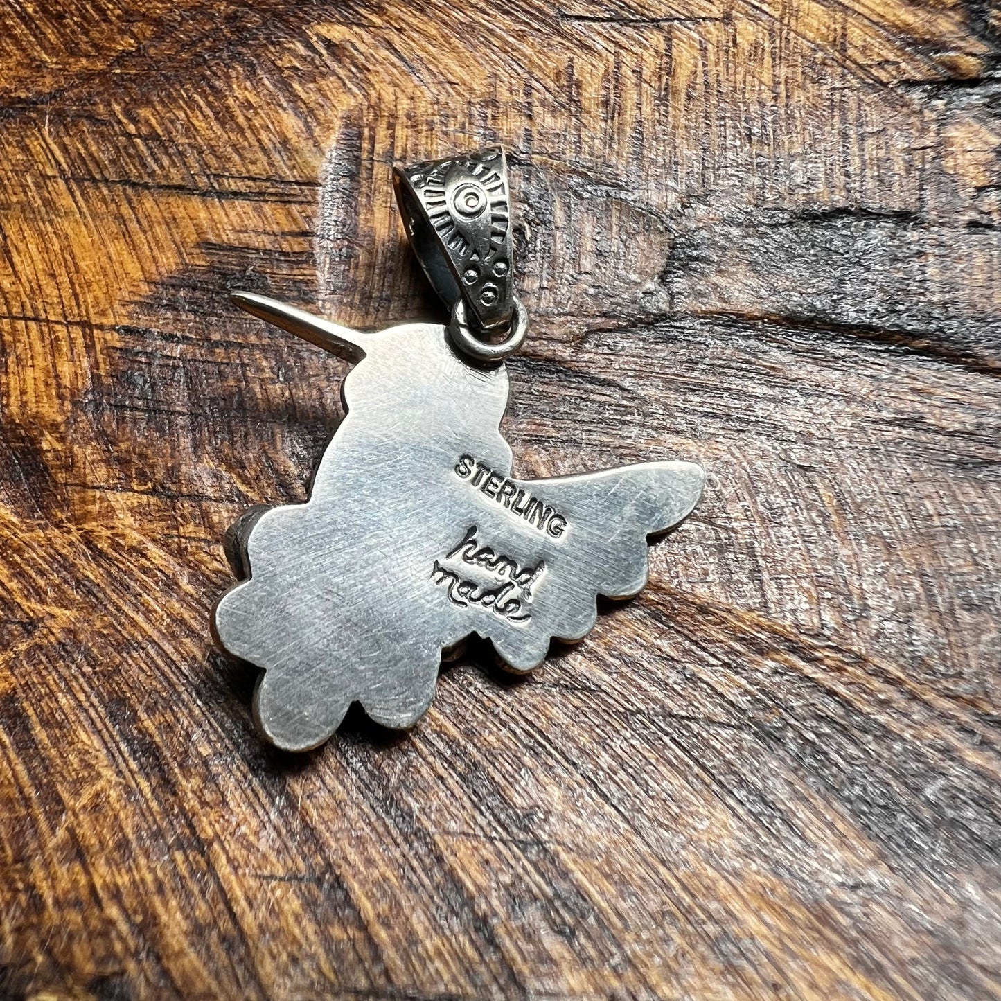 Sterling Silver Kingman Turquoise & Spiny Oyster Hummingbird Pendant