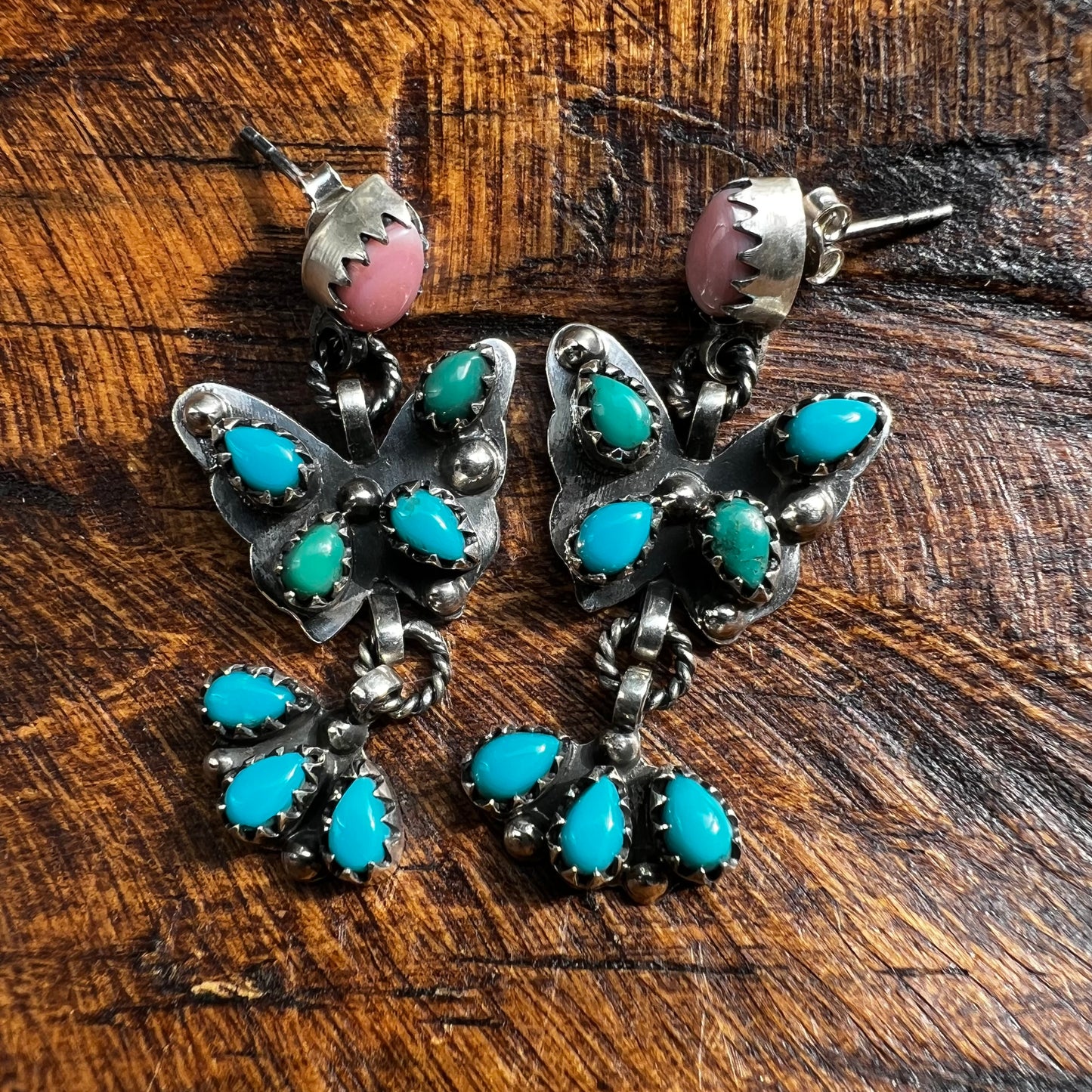 Sterling Silver Kingman Turquoise & Queen Conch Butterfly Dangle Earrings