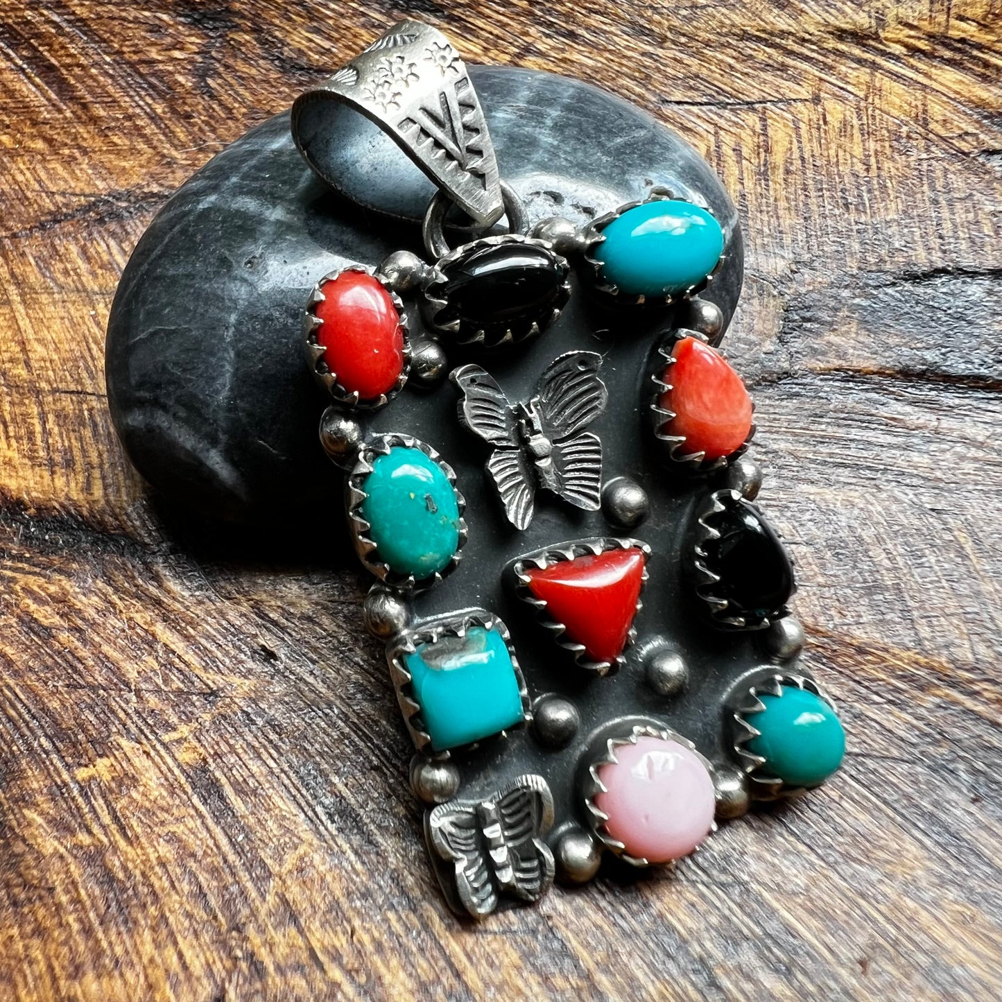 Sterling Silver Multi-Stone Butterfly Statement Pendant | Turquoise, Red Coral, Queen Conch & Black Onyx