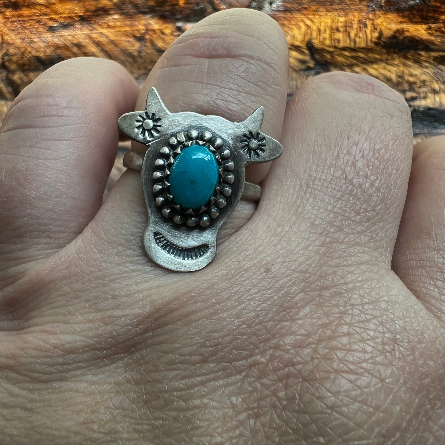 Sterling Silver Kingman Turquoise Cow Ring Adjustable