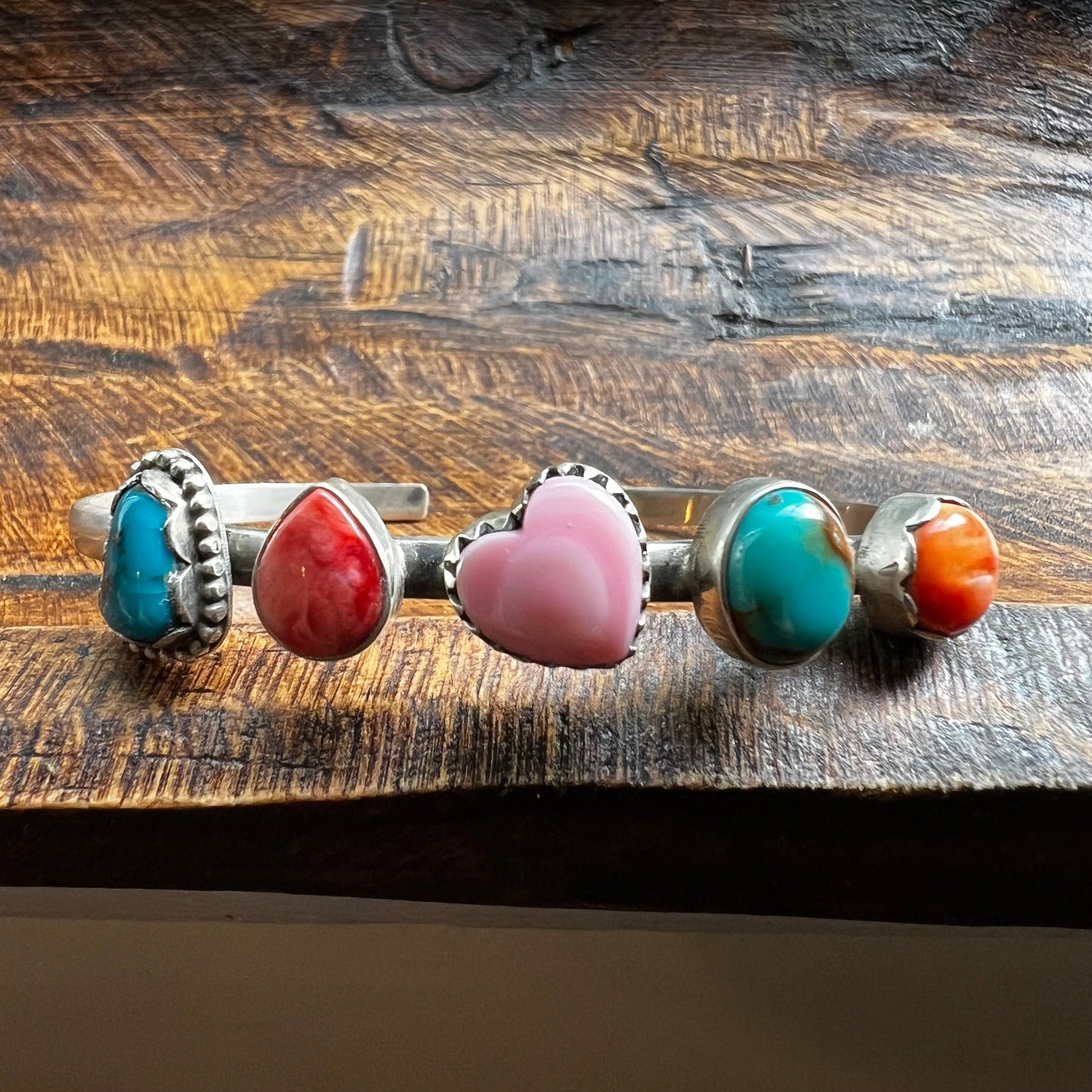 Multi-Stone Sterling Silver Cuff Bracelet | Turquoise, Queen Conch & Spiny Oyster | Size 7.5