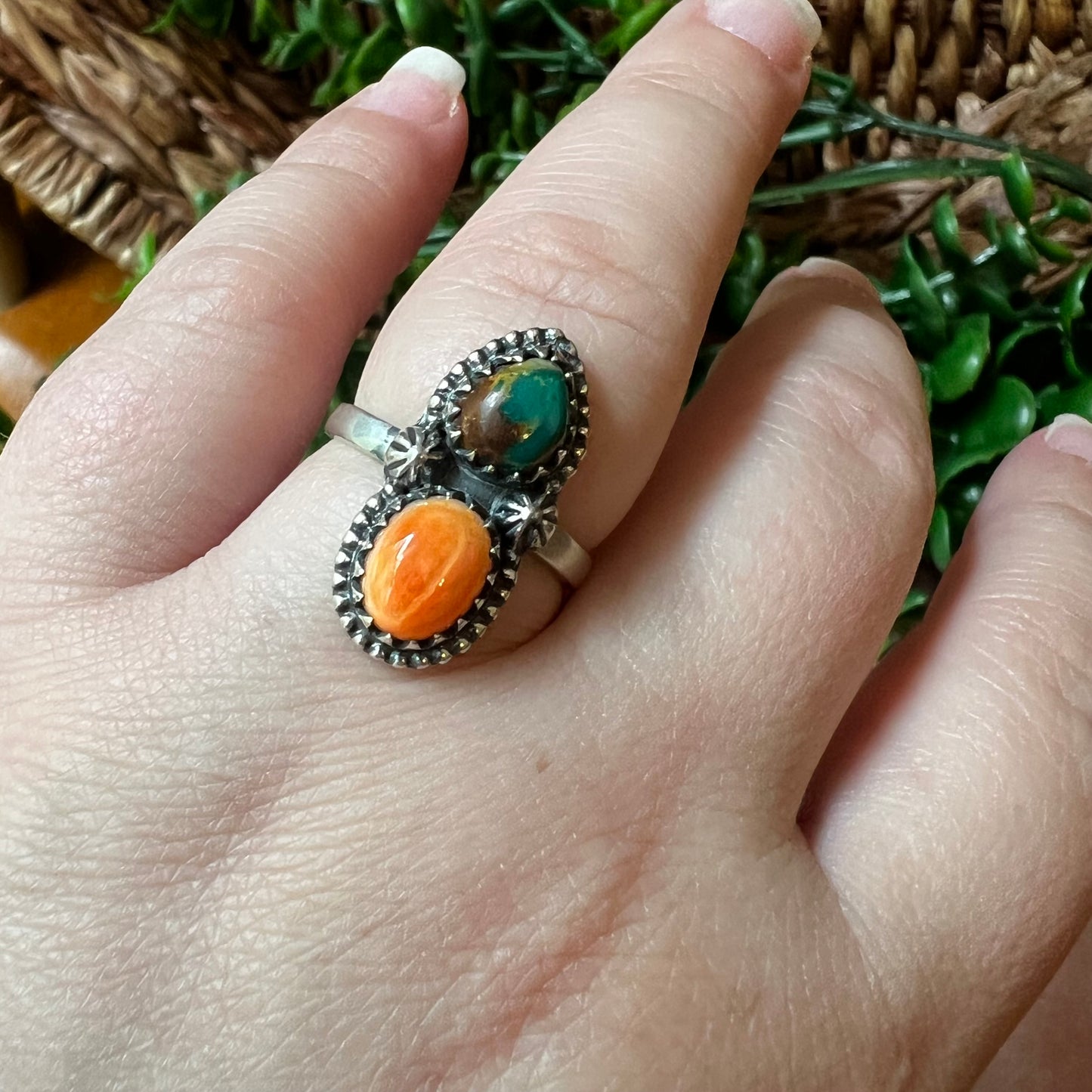 Sterling Silver Fox Turquoise Spiny Oyster Adjustable Ring Size 8