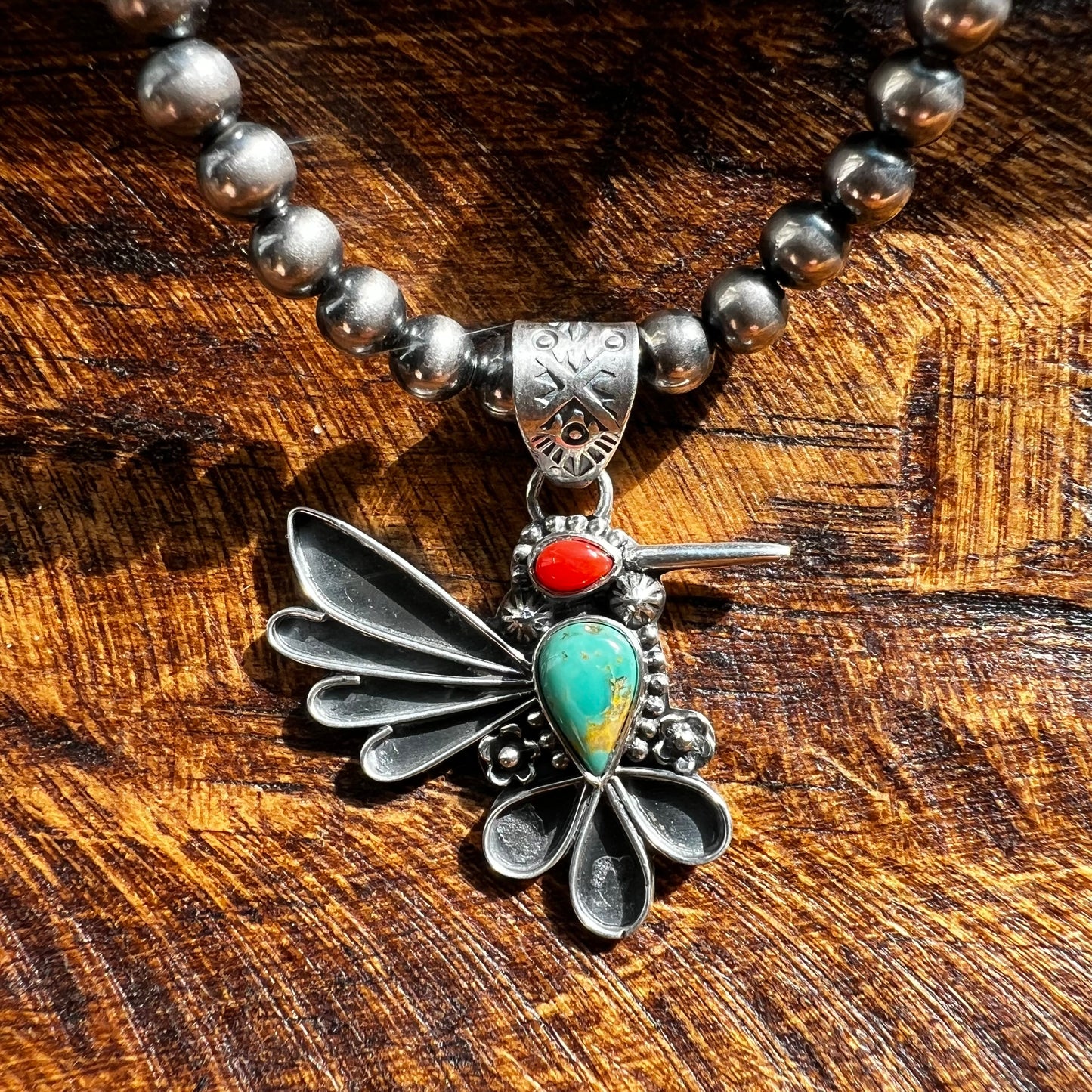 Kingman Turquoise & Italian Red Coral Hummingbird Pendant