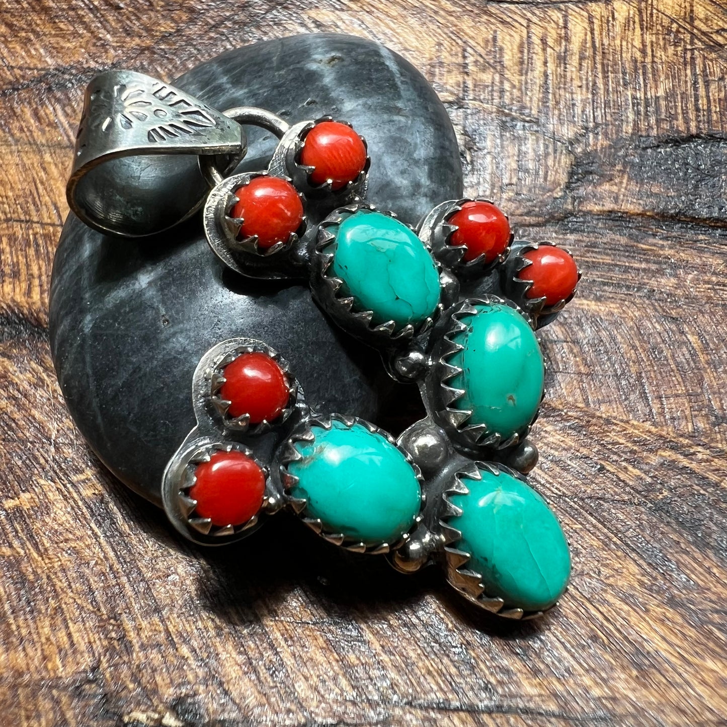 Kingman Turquoise & Coral Cactus Sterling Silver Pendant